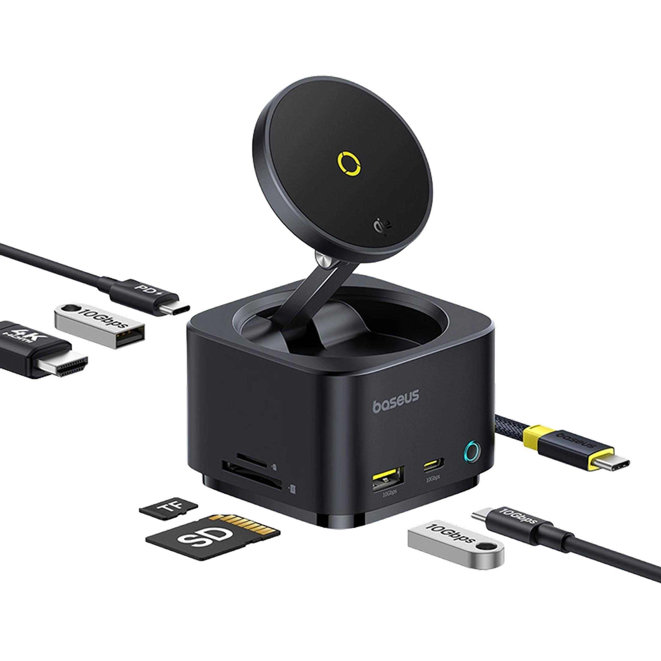 Schwarzer Baseus-Hub mit Ladefunktion, SD-Karten, USB-C-Kabeln und HDMI-Adapter.