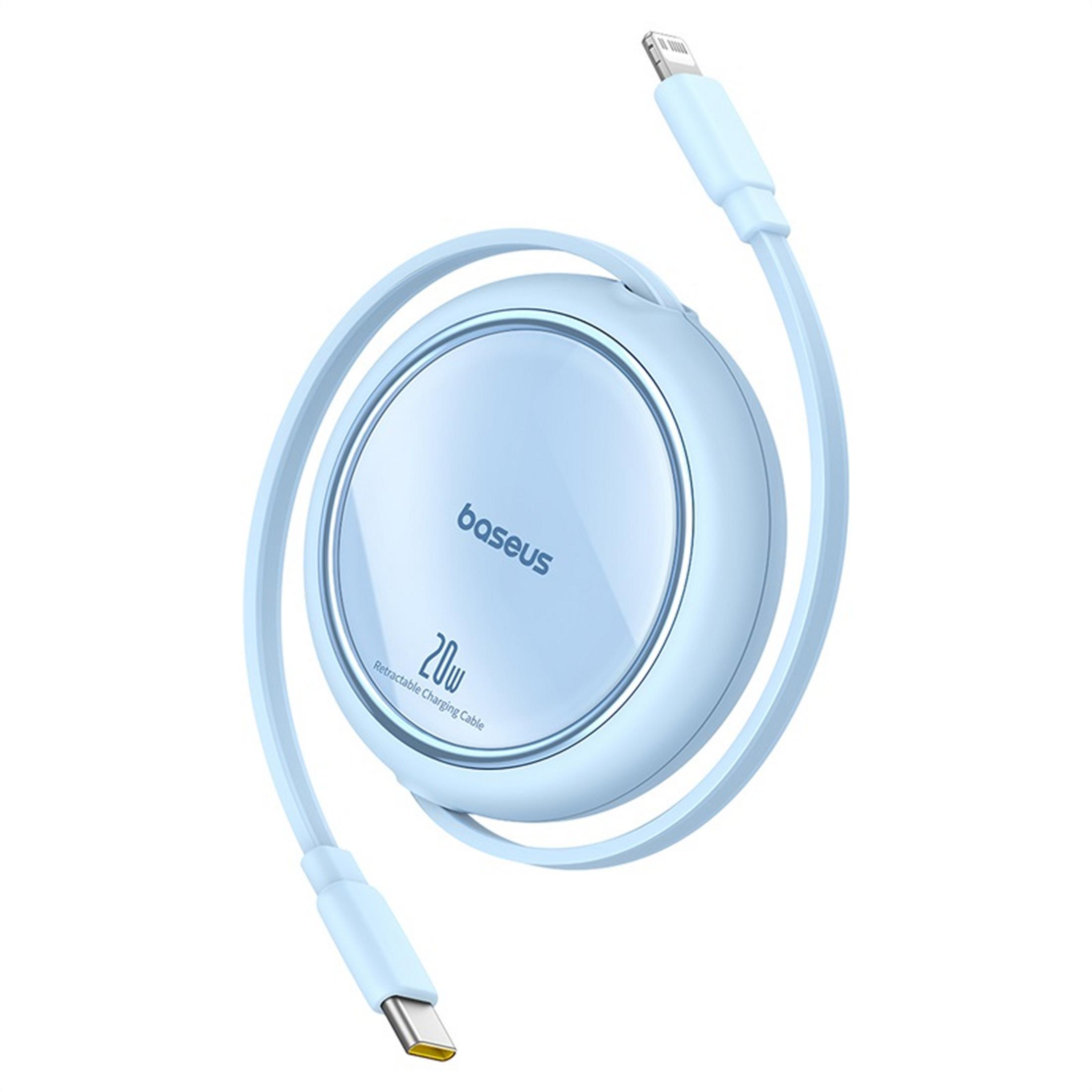 A light blue Baseus retractable charging cable with USB-C and Lightning connectors.