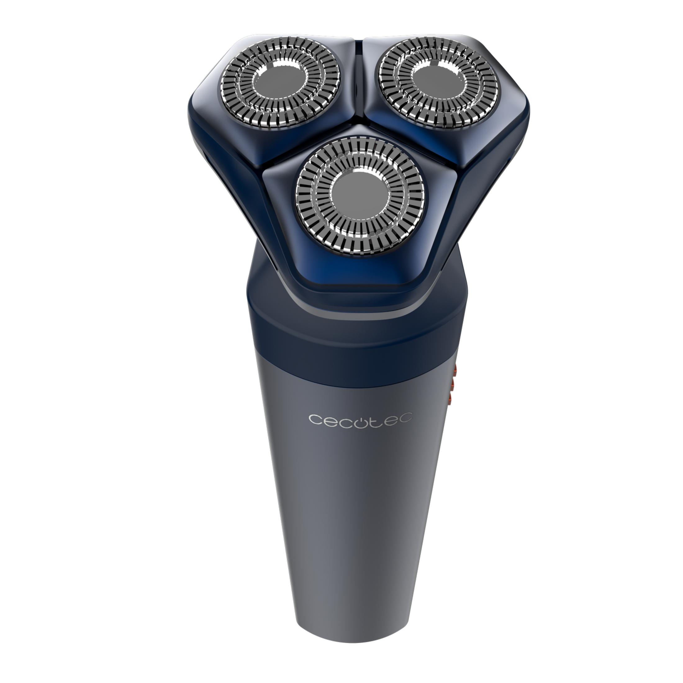Un rasoio elettrico blu e grigio con tre testine rotanti.