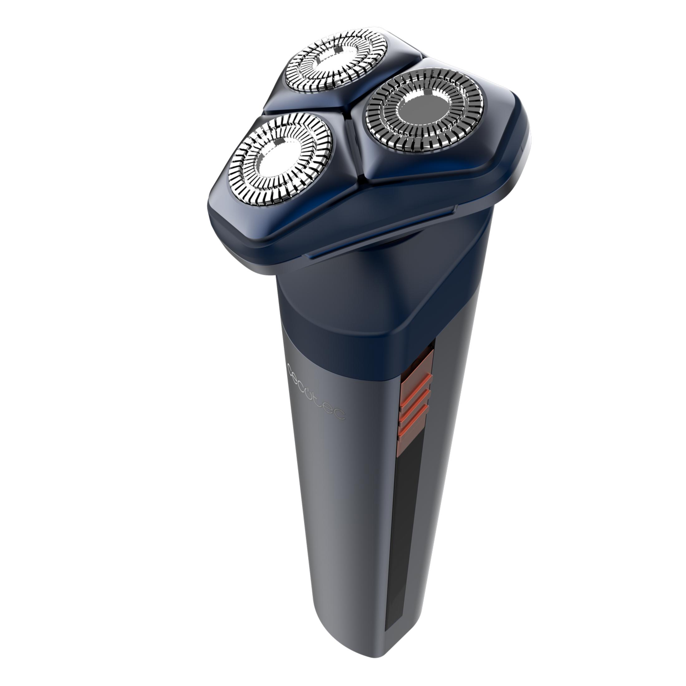 Rasoio elettrico grigio scuro con tre testine rotanti e accenti rossi.