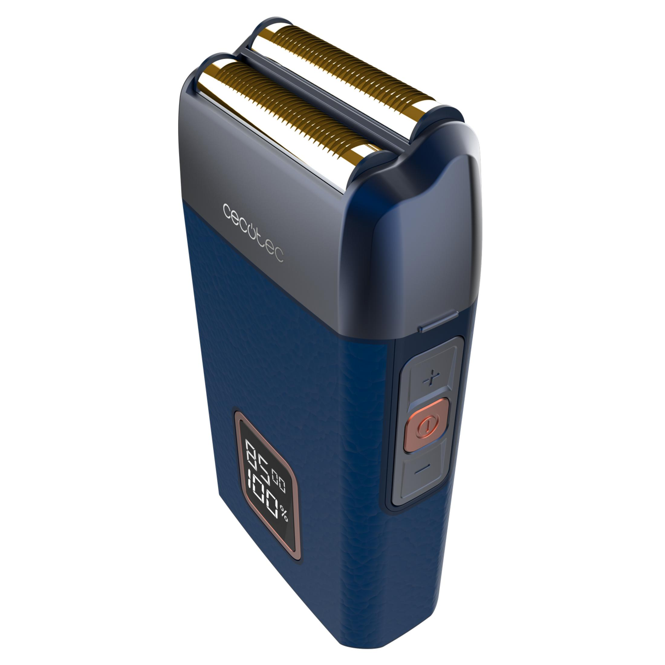 Afeitadora eléctrica con dos cuchillas doradas, cuerpo texturizado azul y pantalla digital.