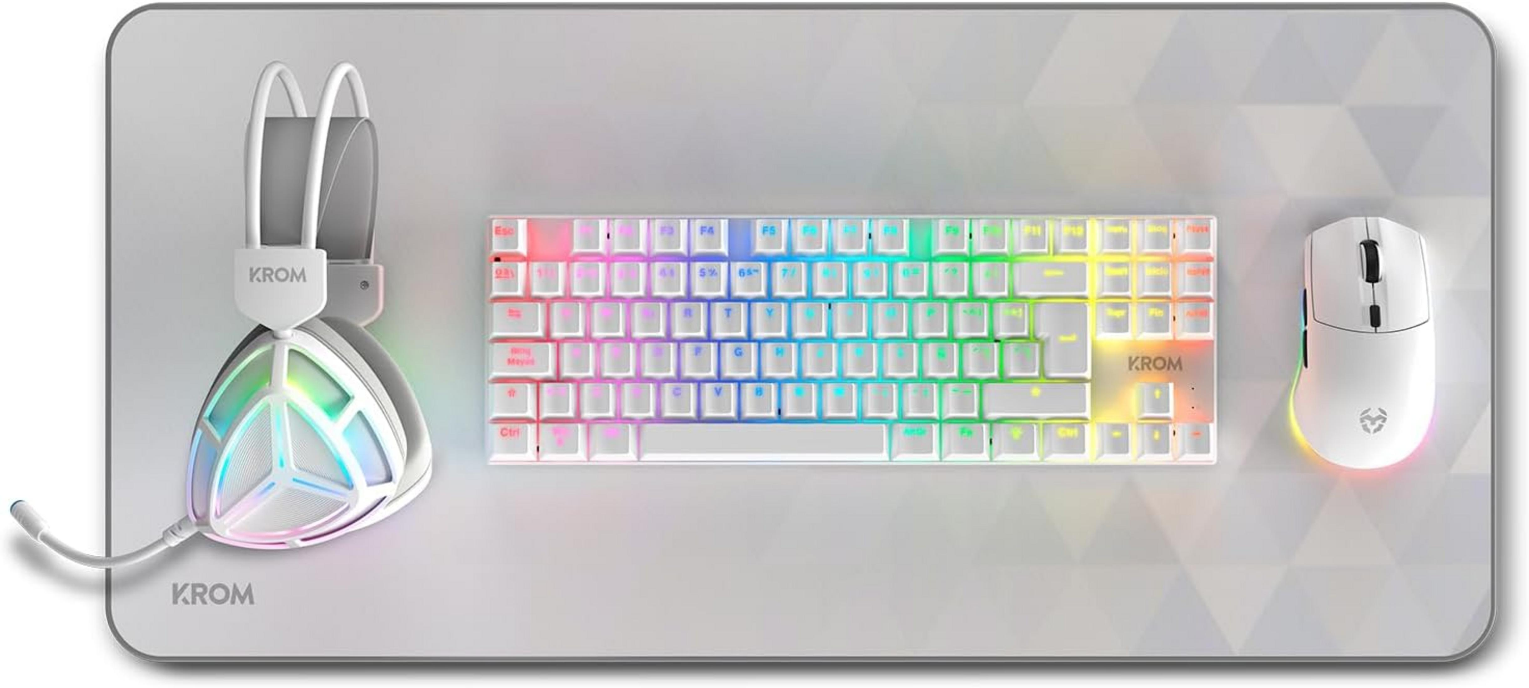 Cuffie, tastiera e mouse bianchi da gaming con illuminazione RGB su tappetino.