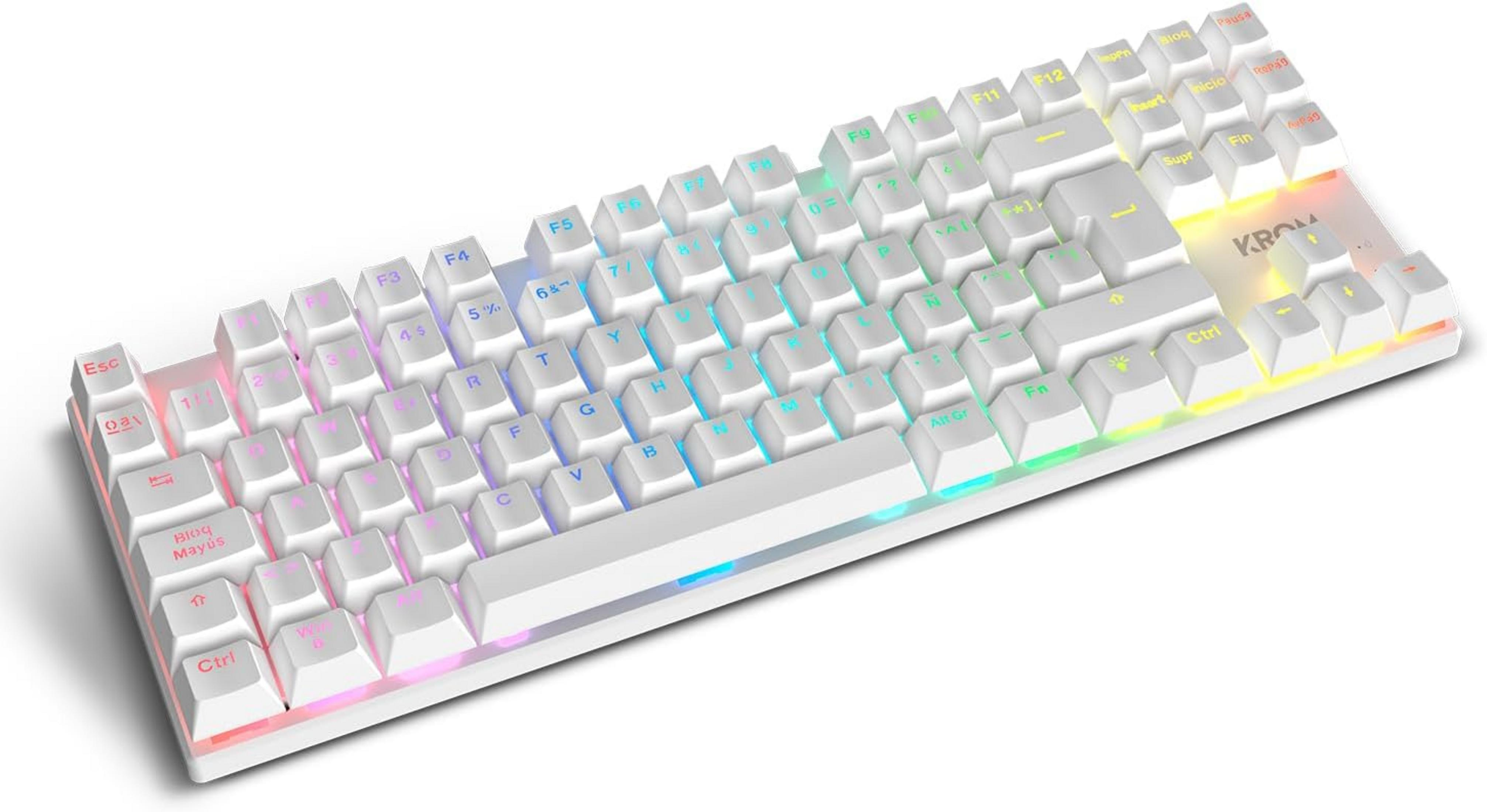 Una tastiera bianca con illuminazione RGB, primo piano dei tasti.