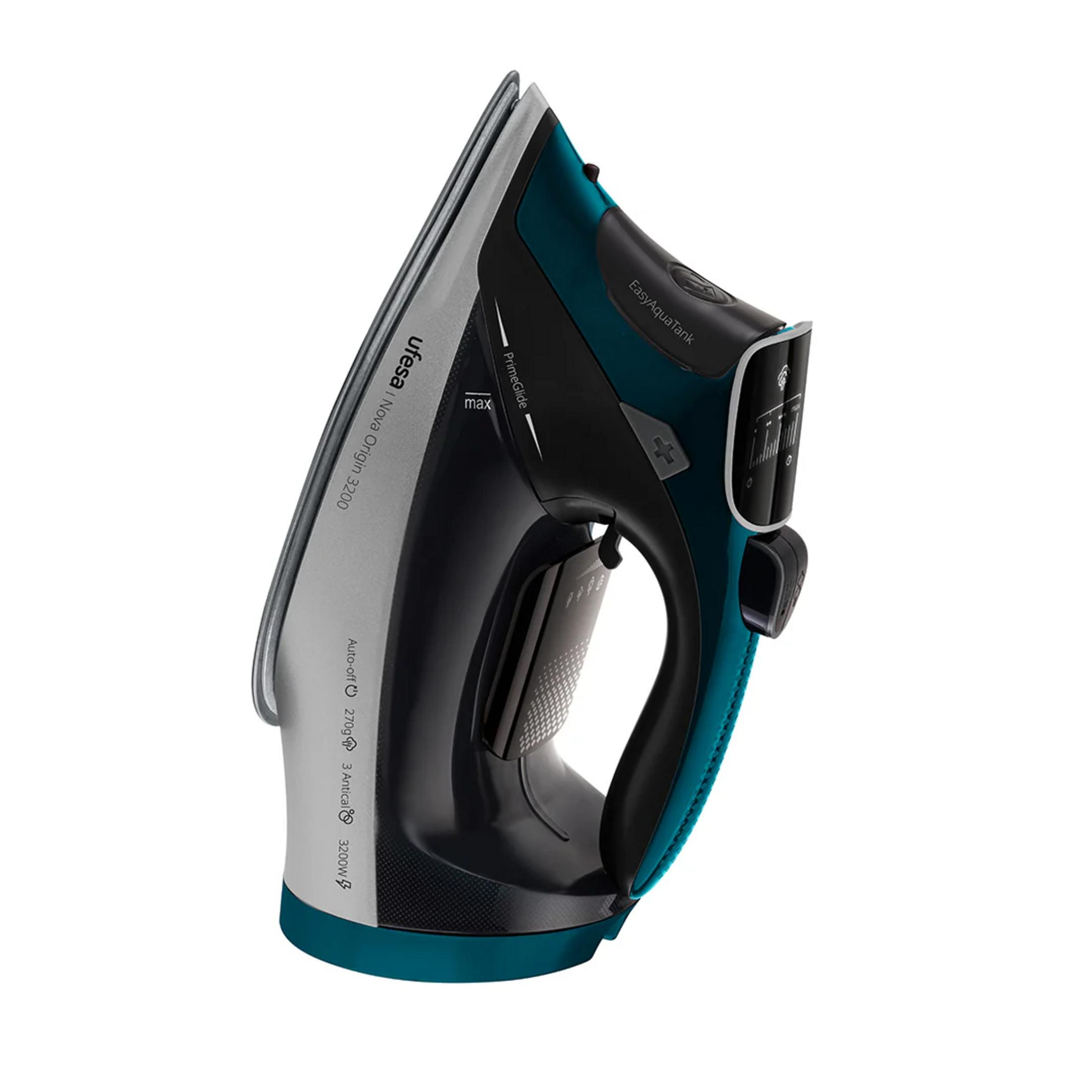 Un ferro da stiro a vapore Ufesa Nova Origin 3200, color verde acqua e nero, con piastra PrimeGlide.