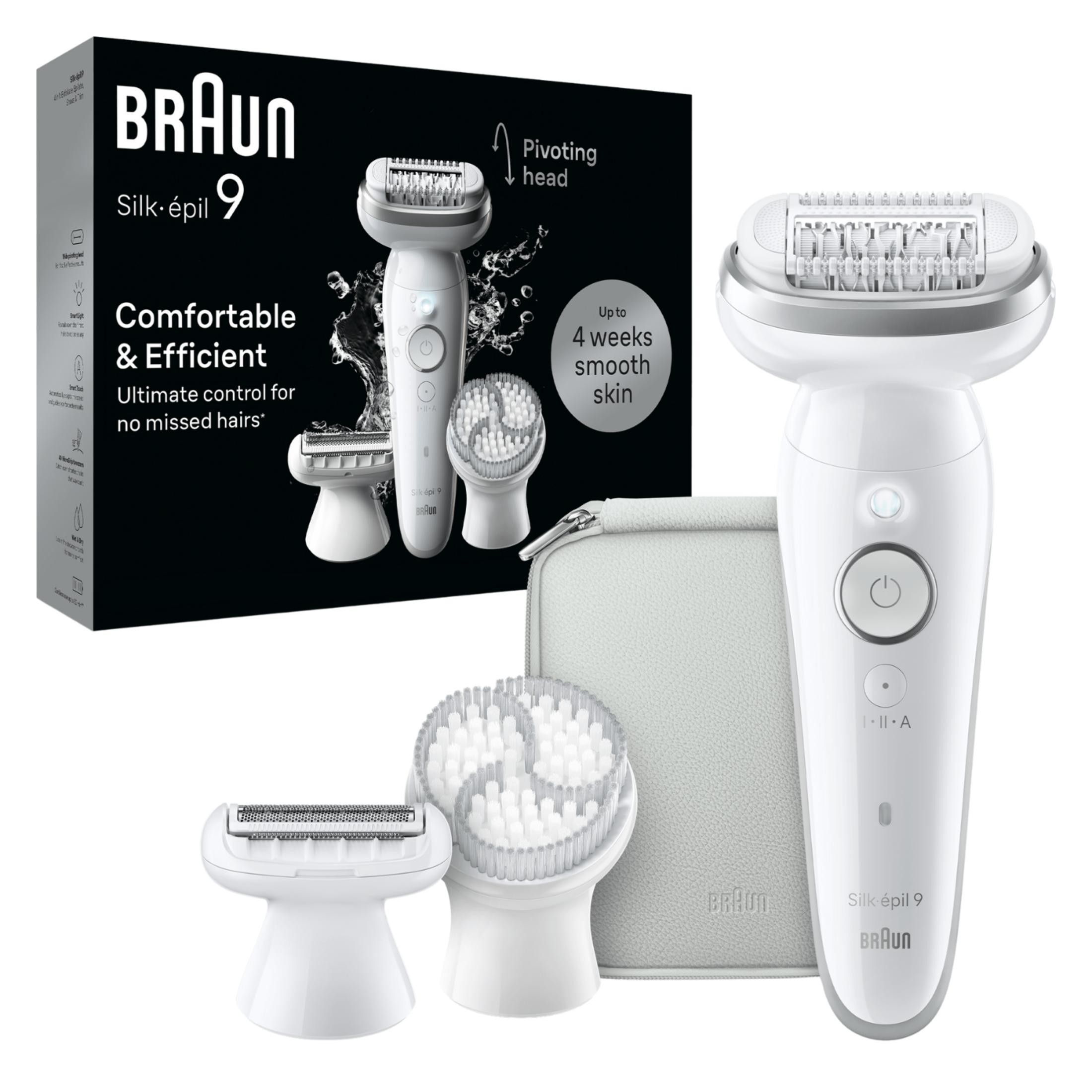 Biały depilator Braun Silk-épil 9 z akcesoriami, w tym głowicą golącą i szczoteczką.