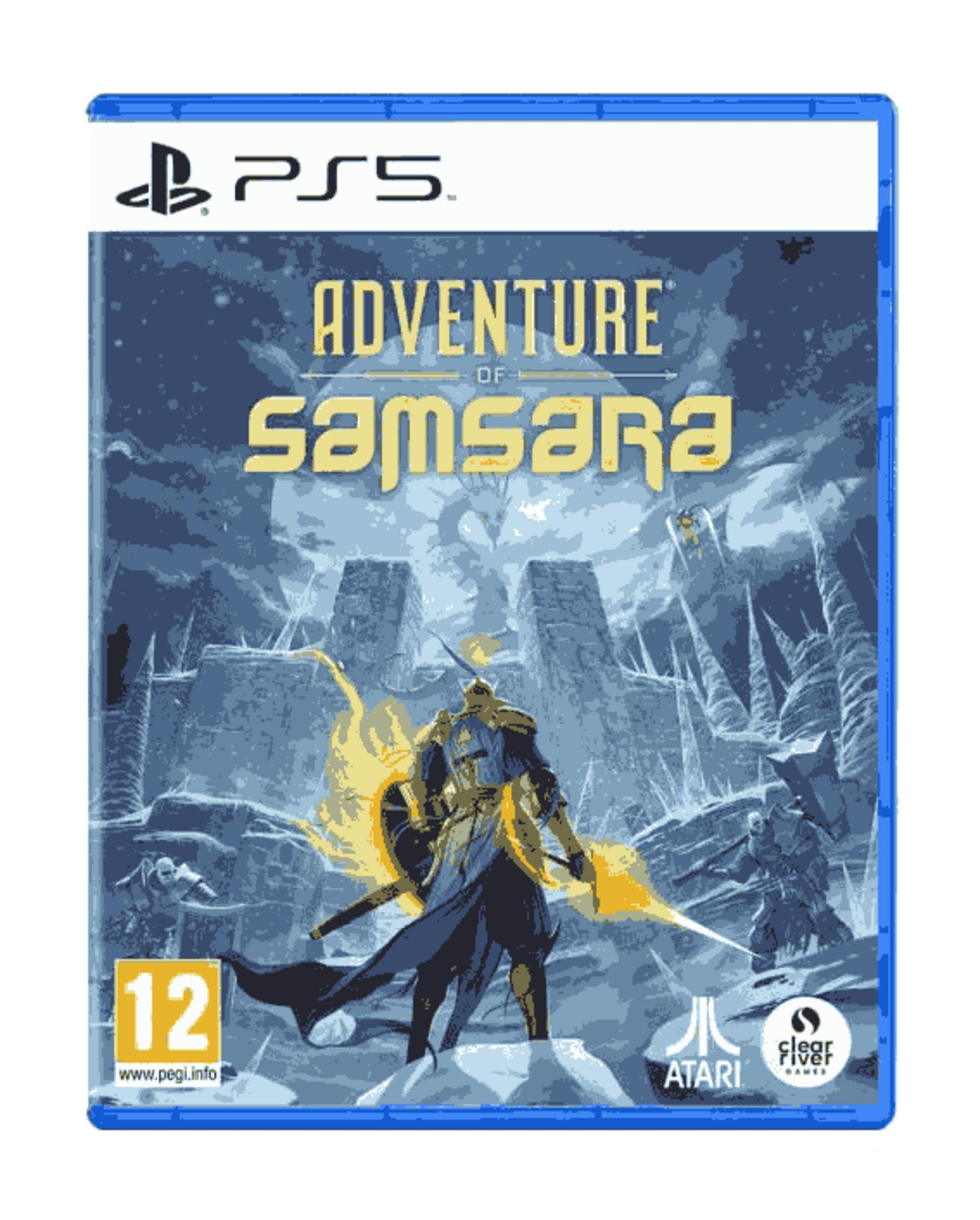 Caja de juego PS5: Guerrero con espada amarilla ante un paisaje de castillo helado.