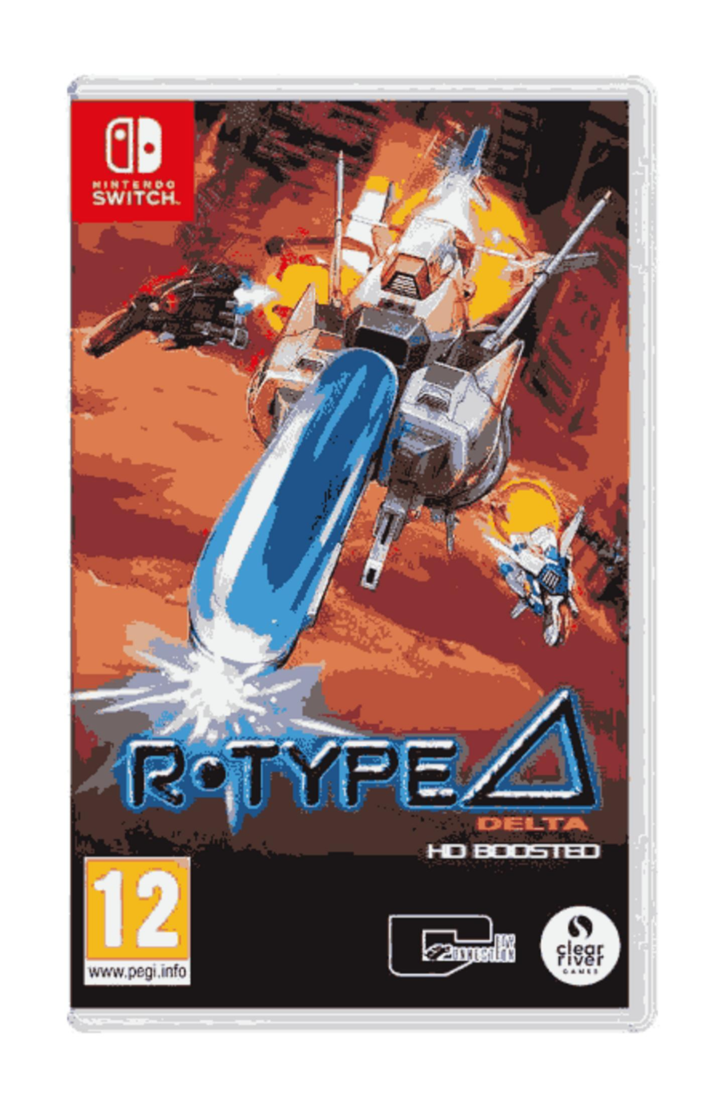 Copertina del gioco R-Type Delta HD Boosted per Nintendo Switch. Presenta astronavi e classificazione PEGI 12.