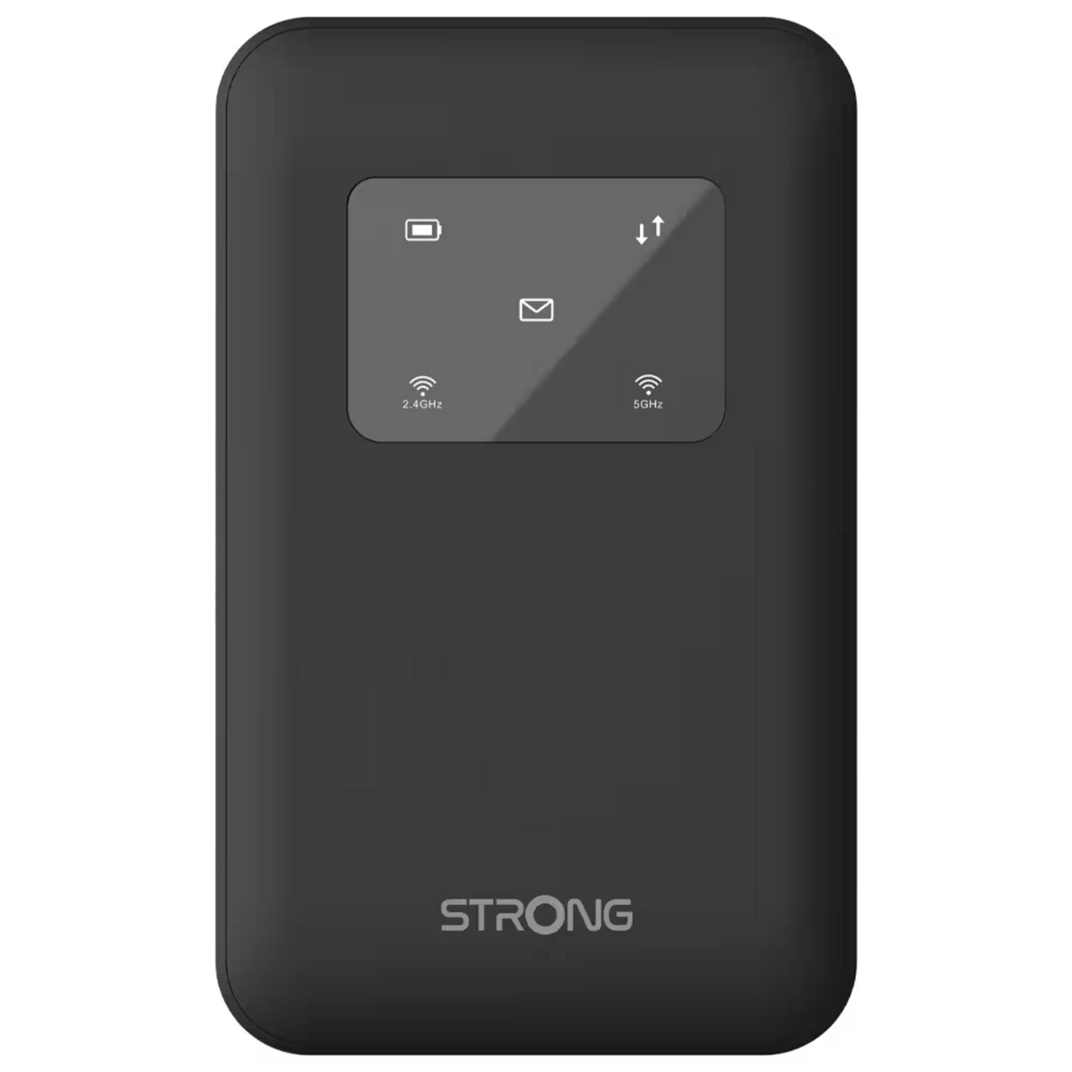 Schwarzer mobiler WLAN-Router mit "STRONG" Logo und Display.
