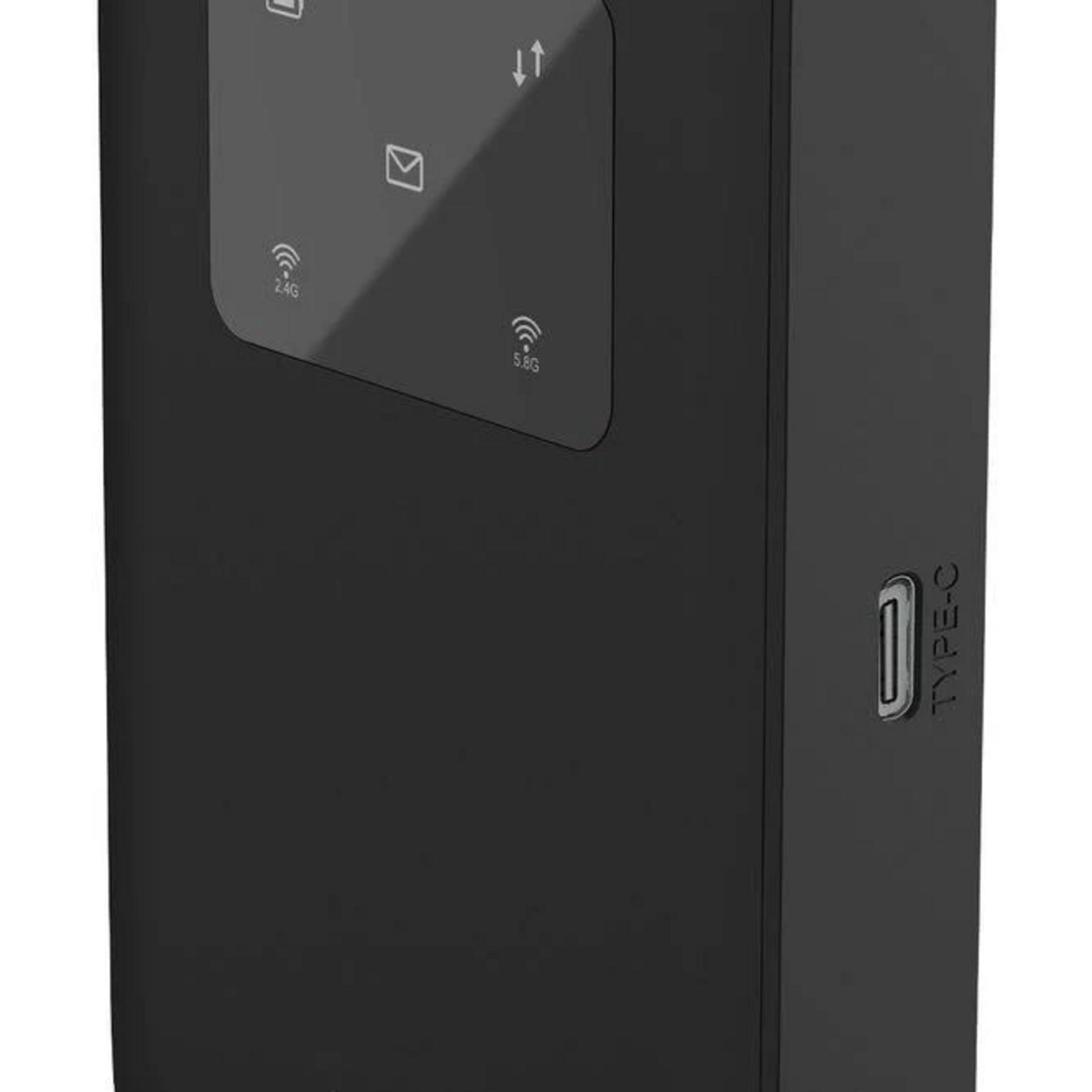 Schwarzes tragbares WLAN-Gerät mit USB-C-Anschluss und Bildschirmsymbolen.