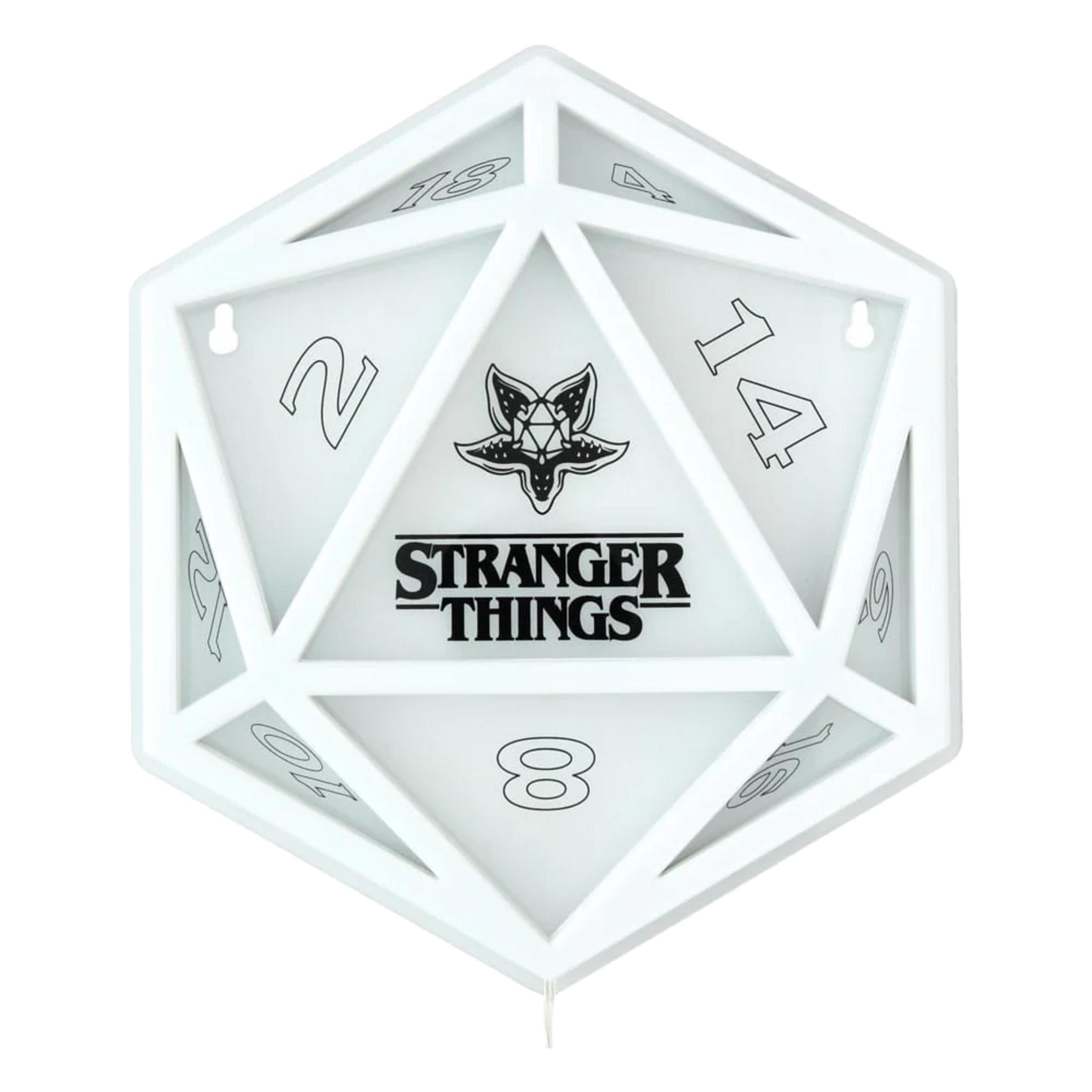 Lámpara blanca de dado D&D de 20 caras con logo de Stranger Things.