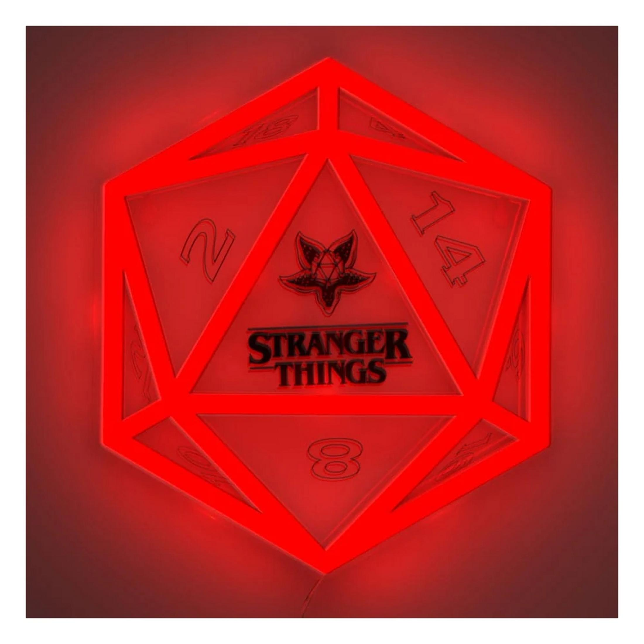 Dado D20 LED rojo con logo de Stranger Things y gráfico de Demogorgon.