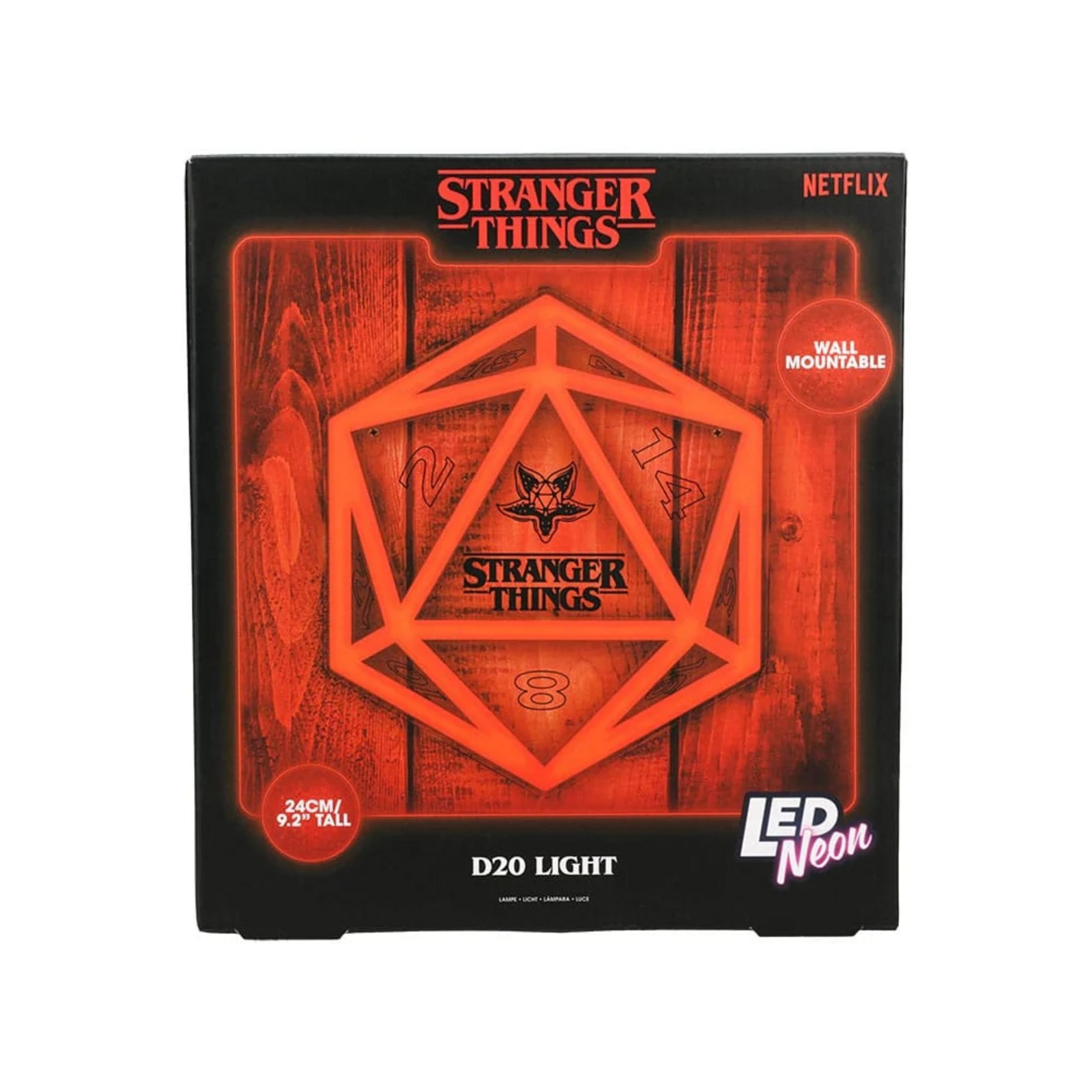 Luz de neón LED Stranger Things D20 sobre madera, 24cm de alto, montable pared.