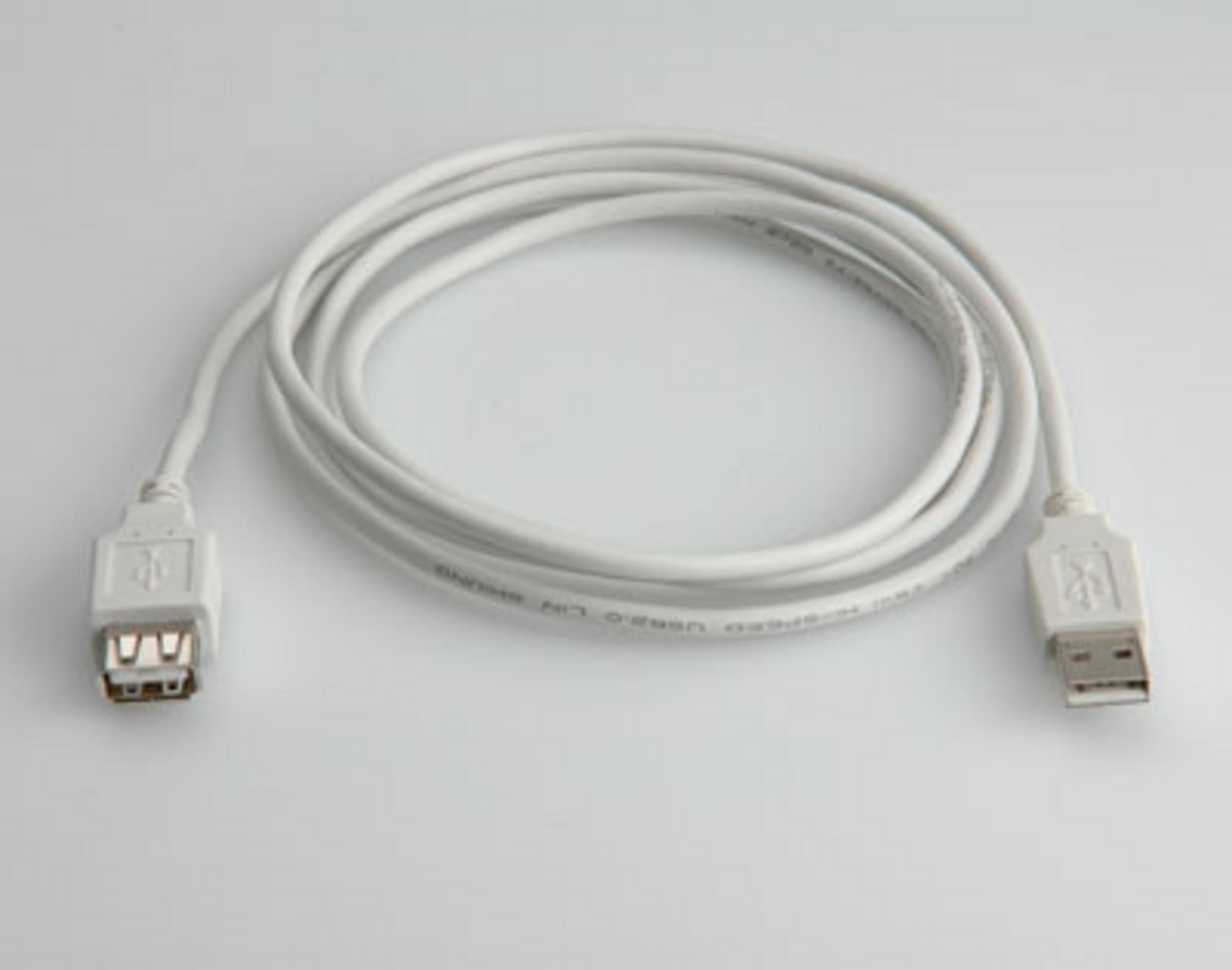 Un cavo USB bianco con due connettori giace su sfondo grigio.