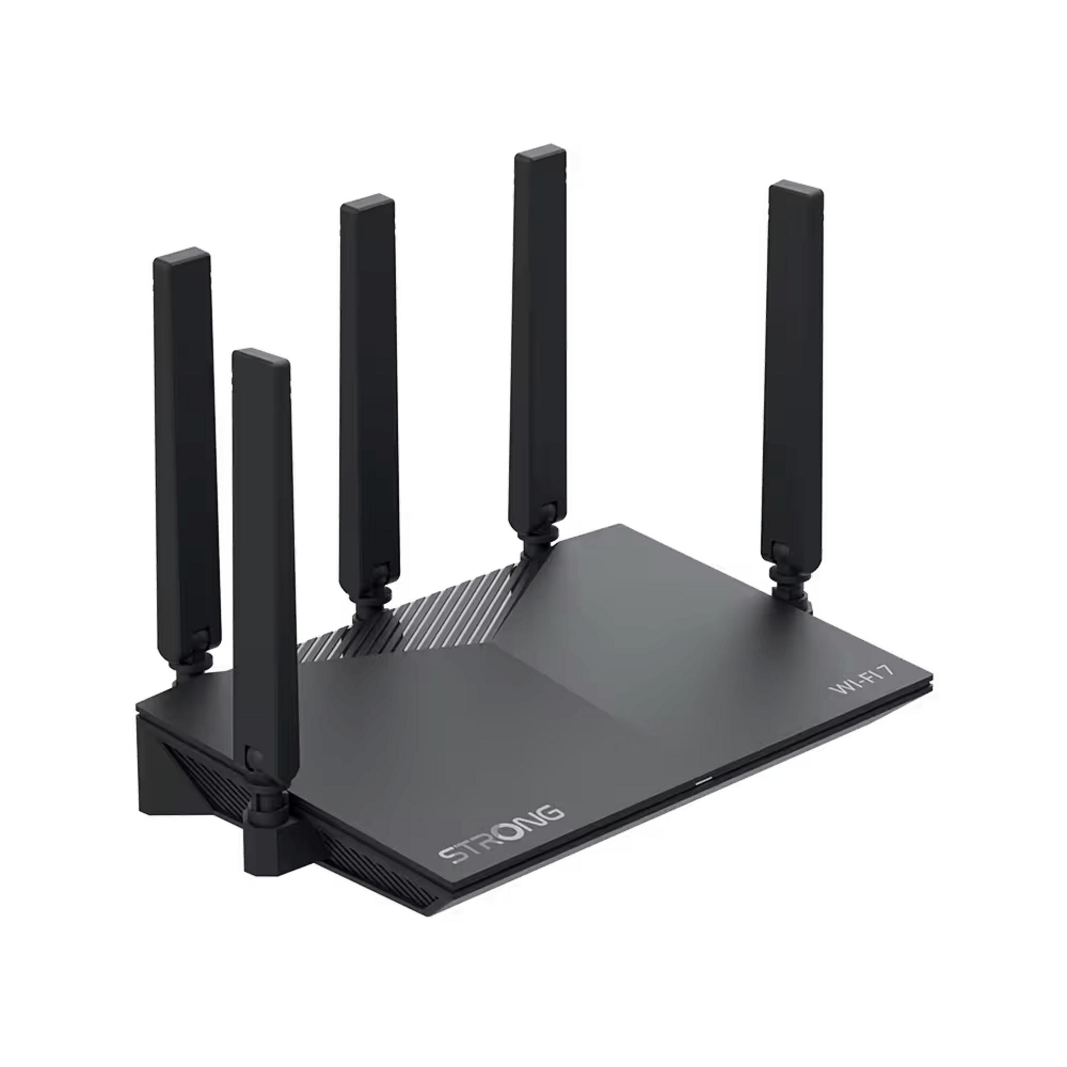 Router WiFi nero con cinque antenne su sfondo bianco.