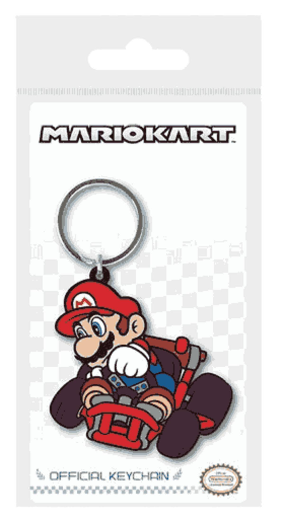 Mario-Schlüsselanhänger im Rennwagen, mit "Mario Kart"-Logo.