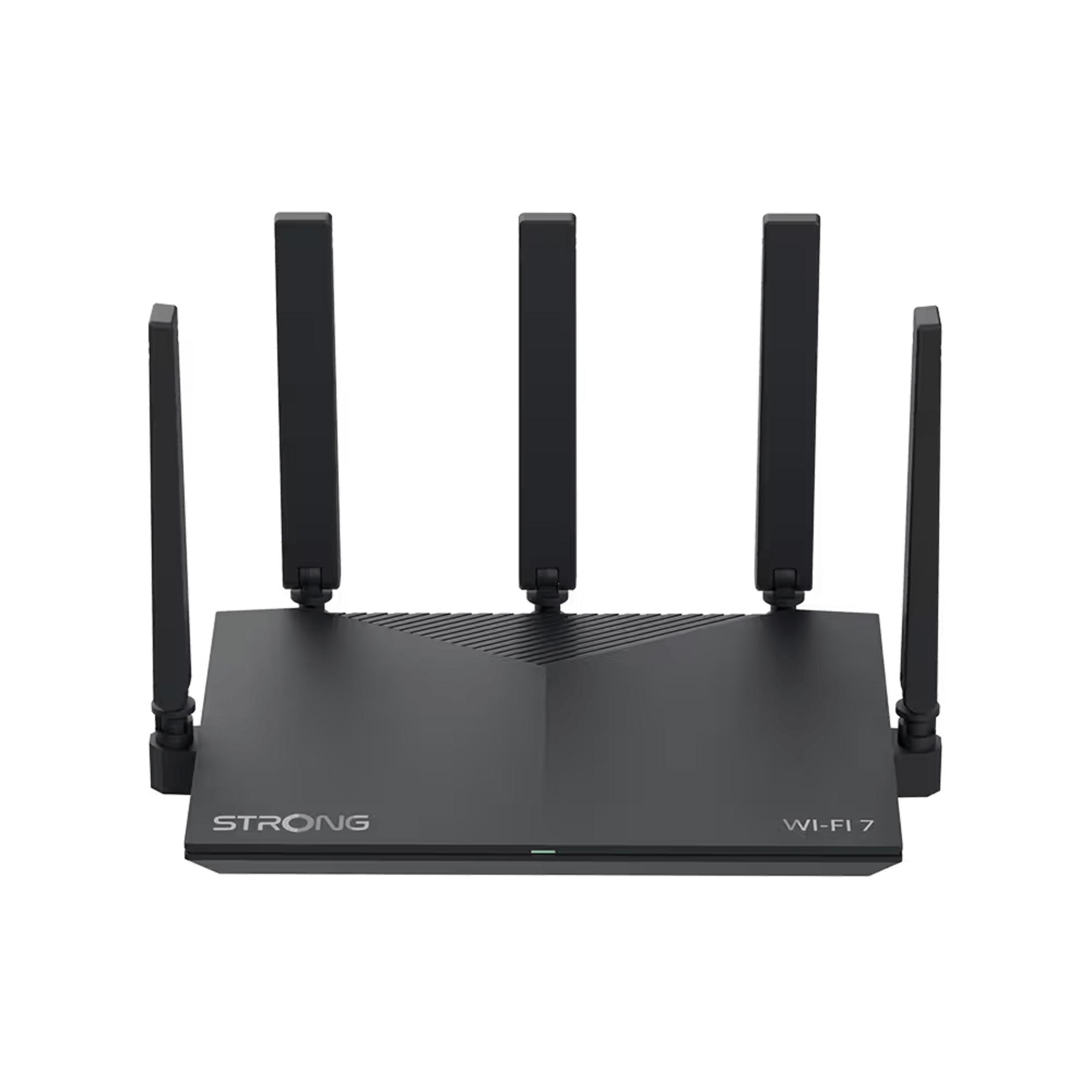 Router Wi-Fi nero con cinque antenne, etichettato "STRONG WI-FI 7".