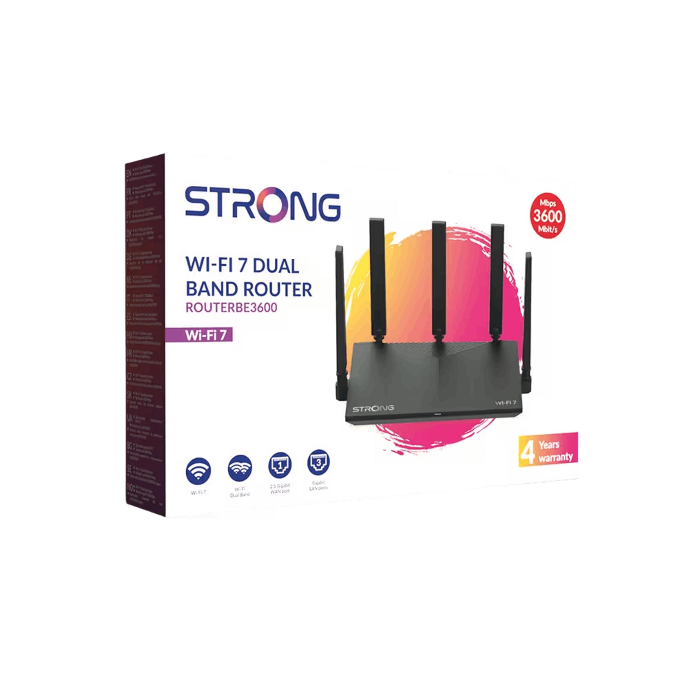 Un router dual band STRONG Wi-Fi 7 nero con tre antenne. 3600 Mbps.