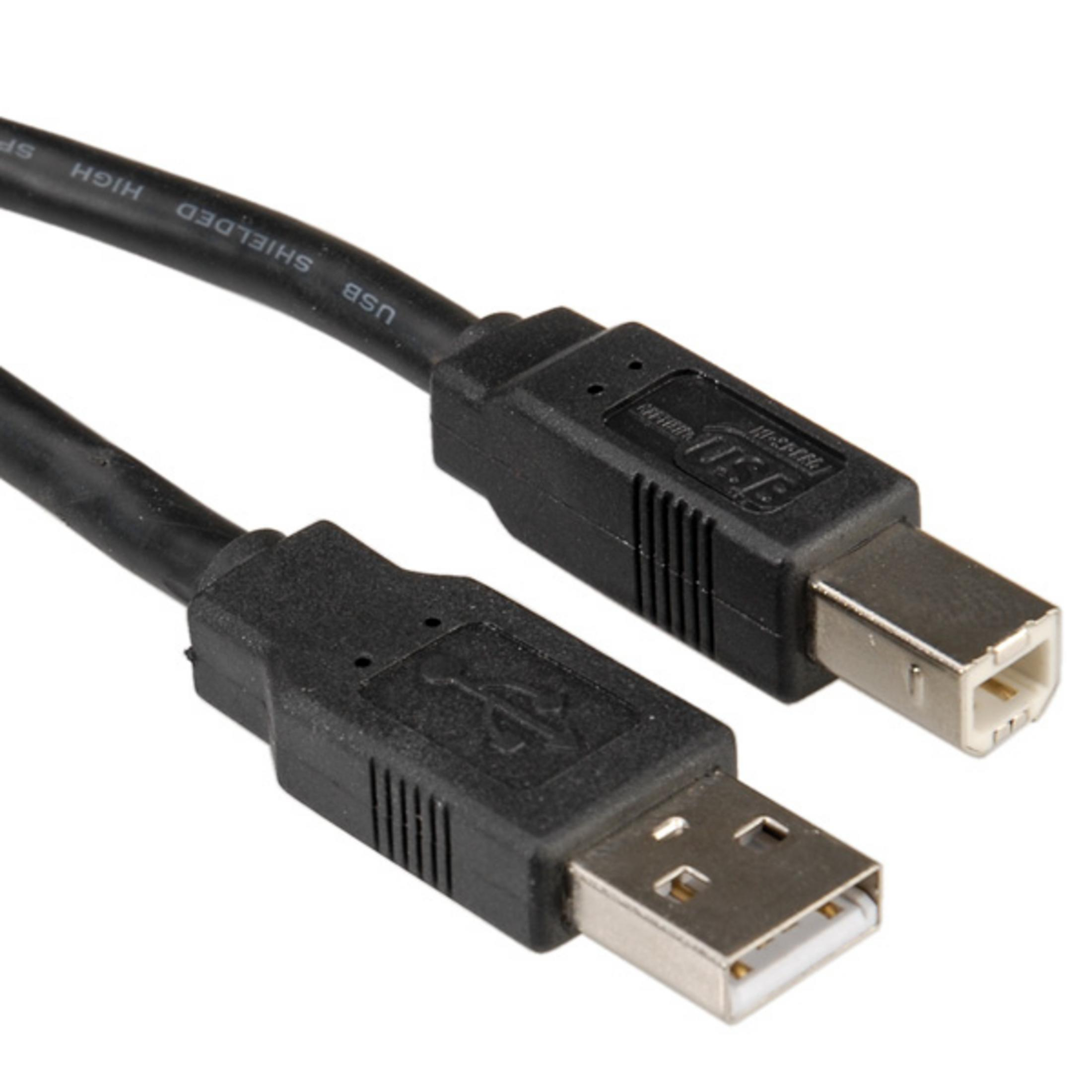 Zwarte USB-kabel met Type-A en Type-B connectoren. Gemarkeerd 'HIGH SPEED USB SHIELDED'.