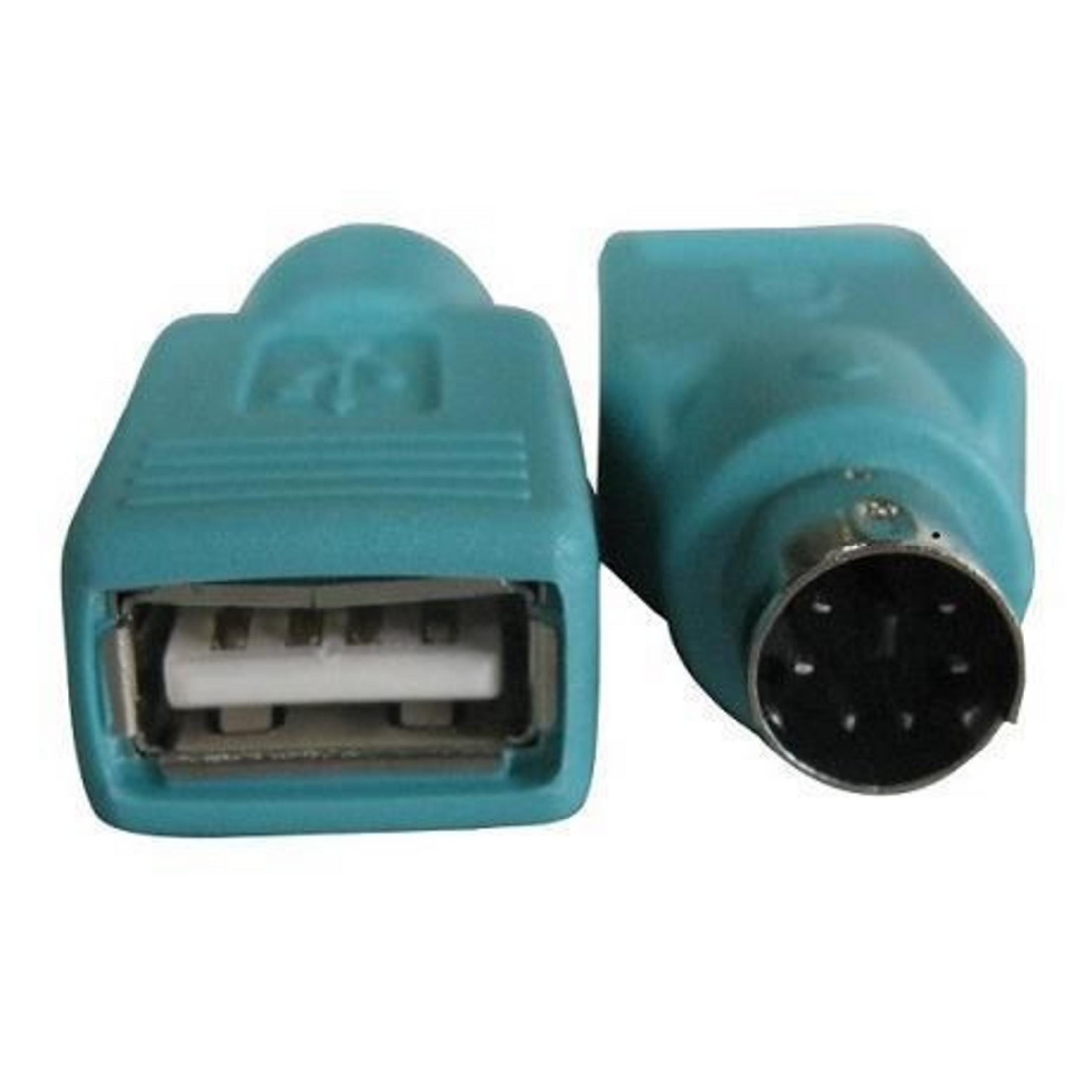 Due adattatori per computer blu petrolio: una USB femmina, un connettore PS/2 maschio.