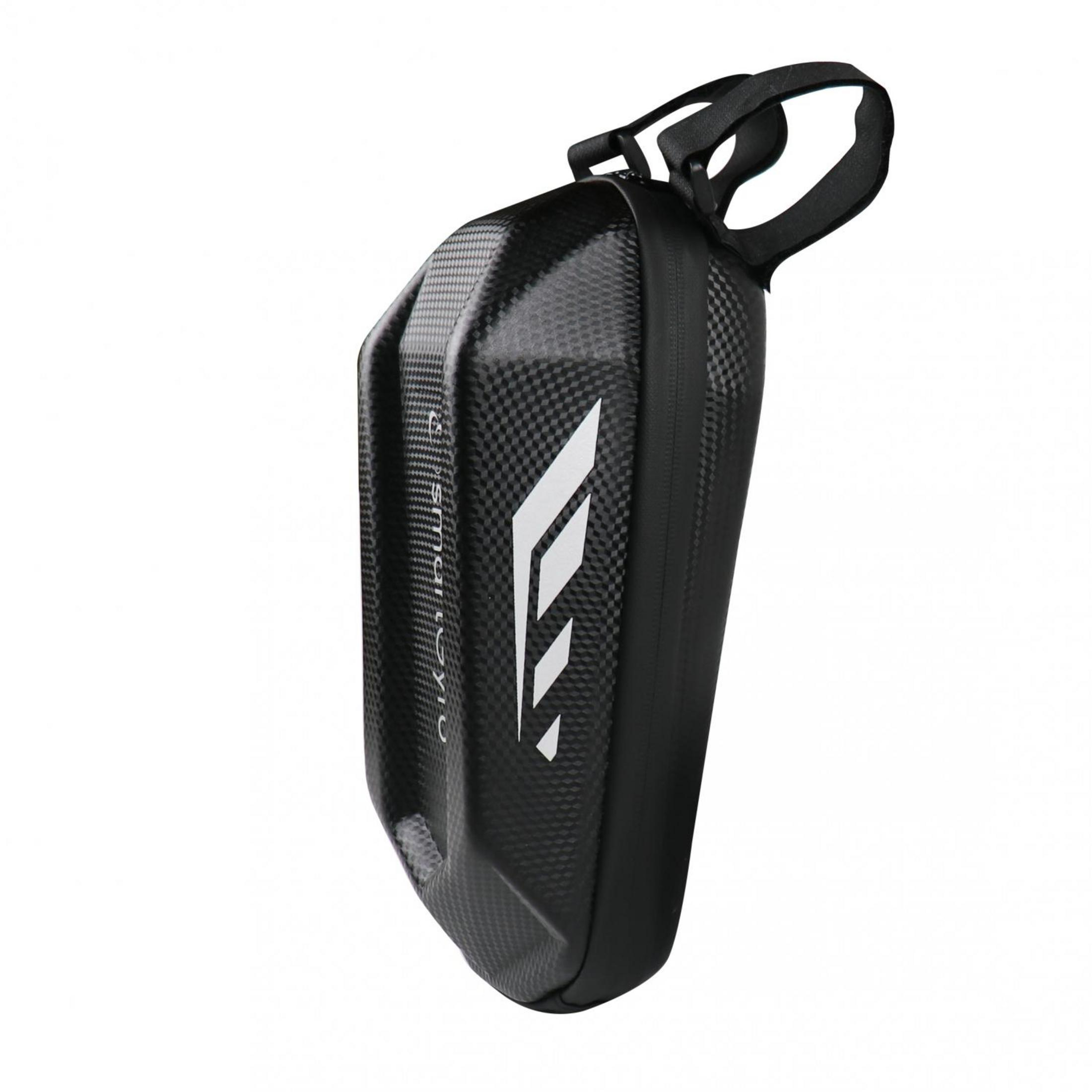 Bolsa negra para bicicleta con logo blanco y correas.
