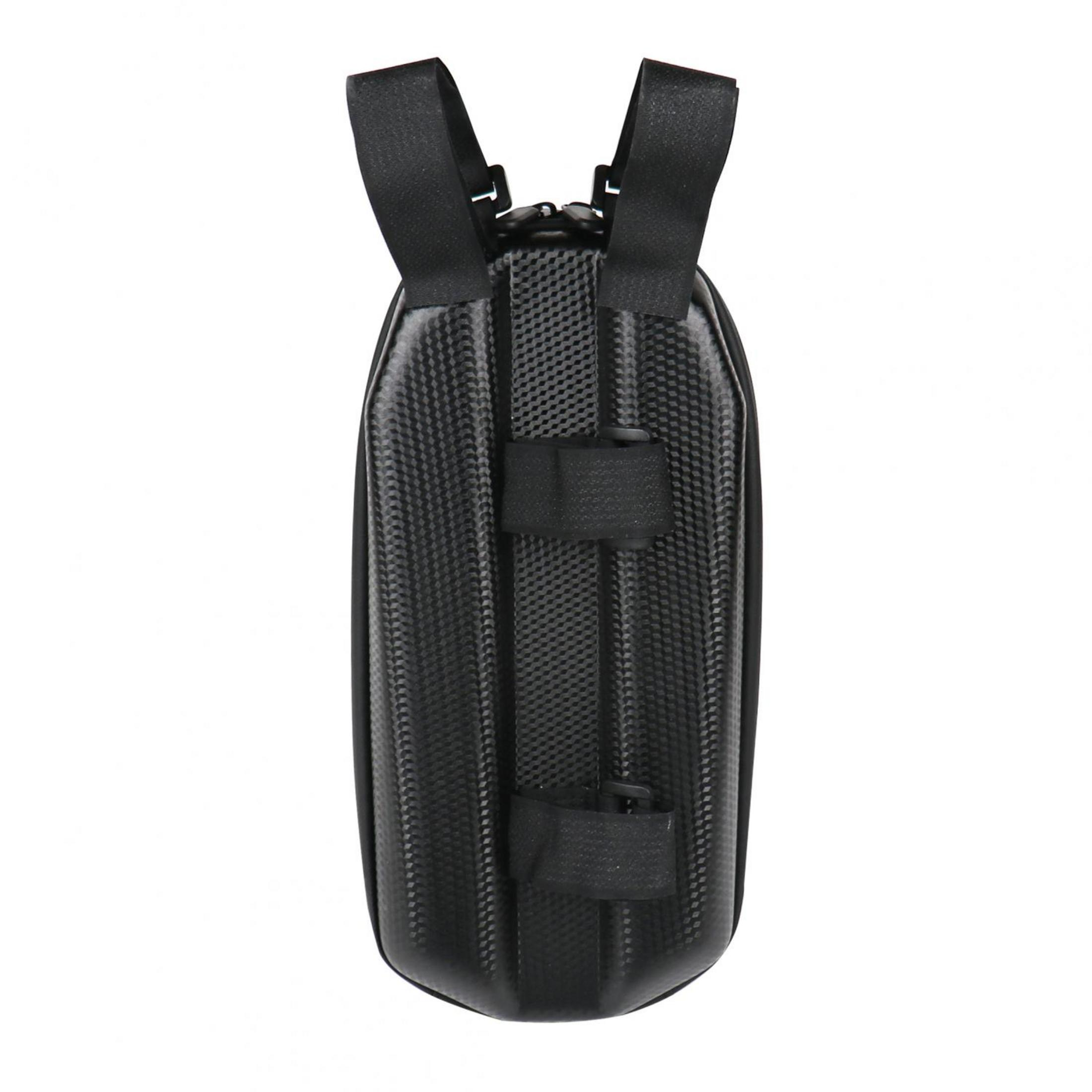 Bolsa negra para bicicleta con correas de velcro y cierre de cremallera.