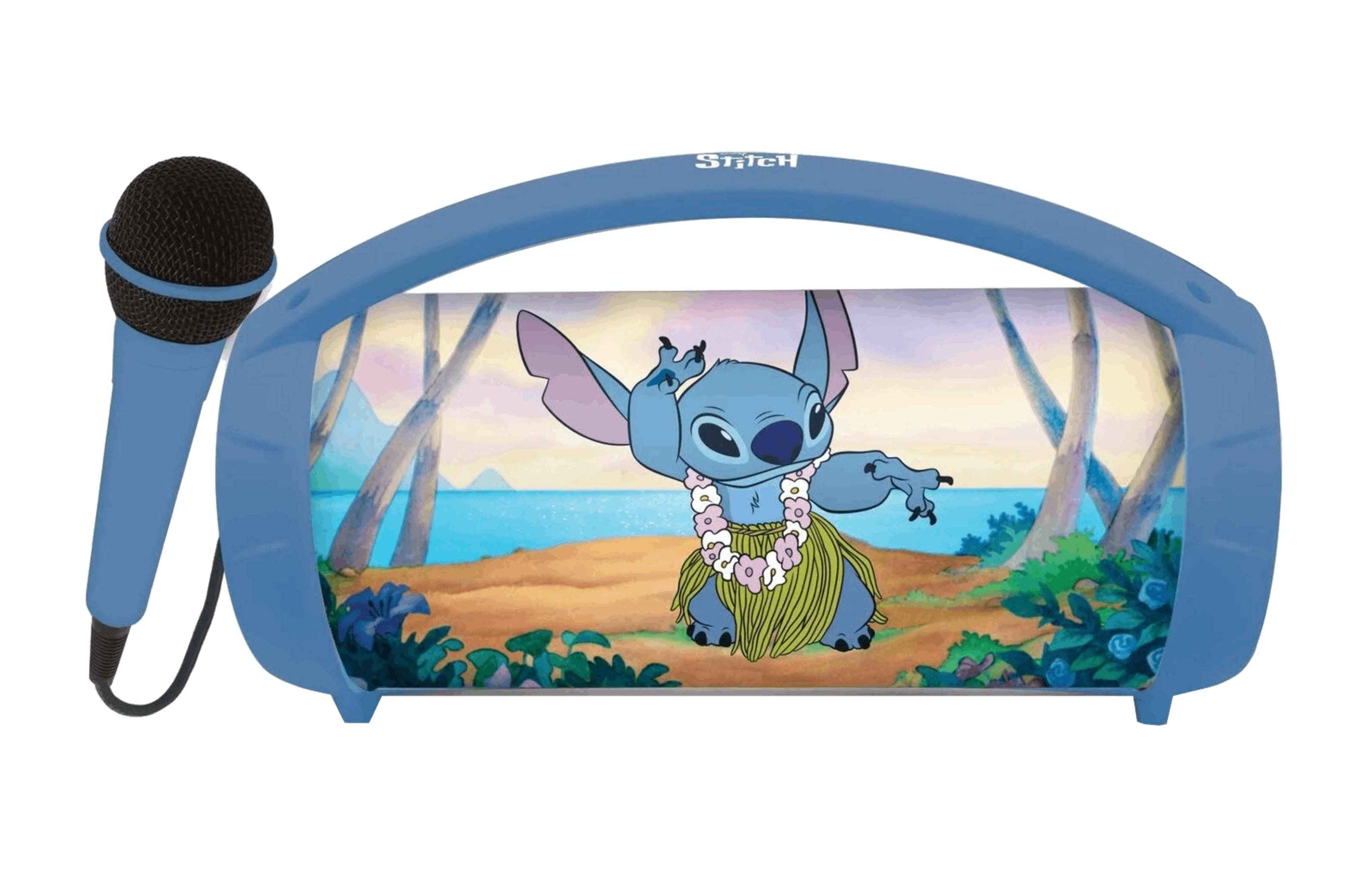 Un altoparlante blu con microfono, Stitch balla in abito hawaiano.