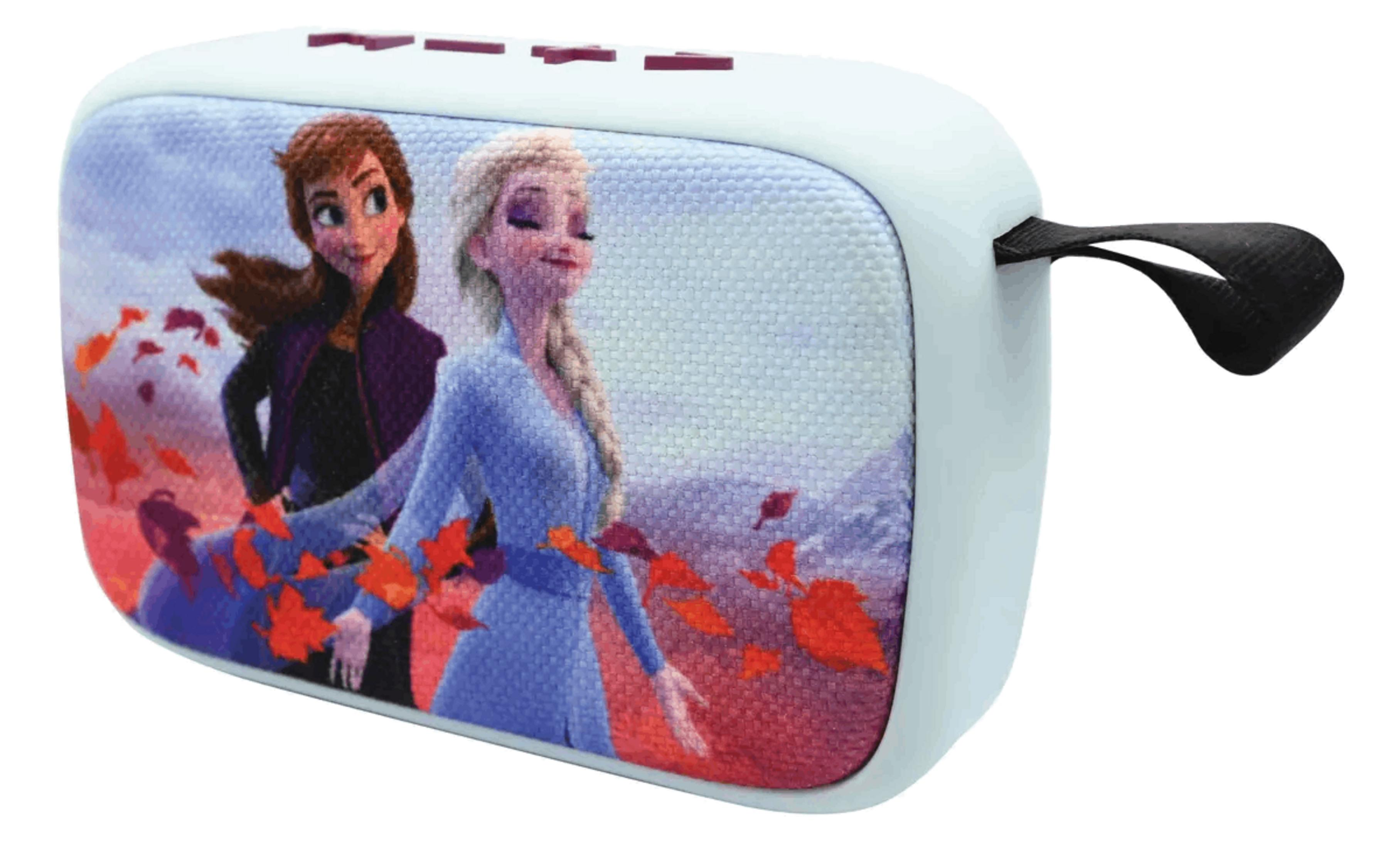 Un altoparlante bianco con Elsa e Anna tra le foglie autunnali.