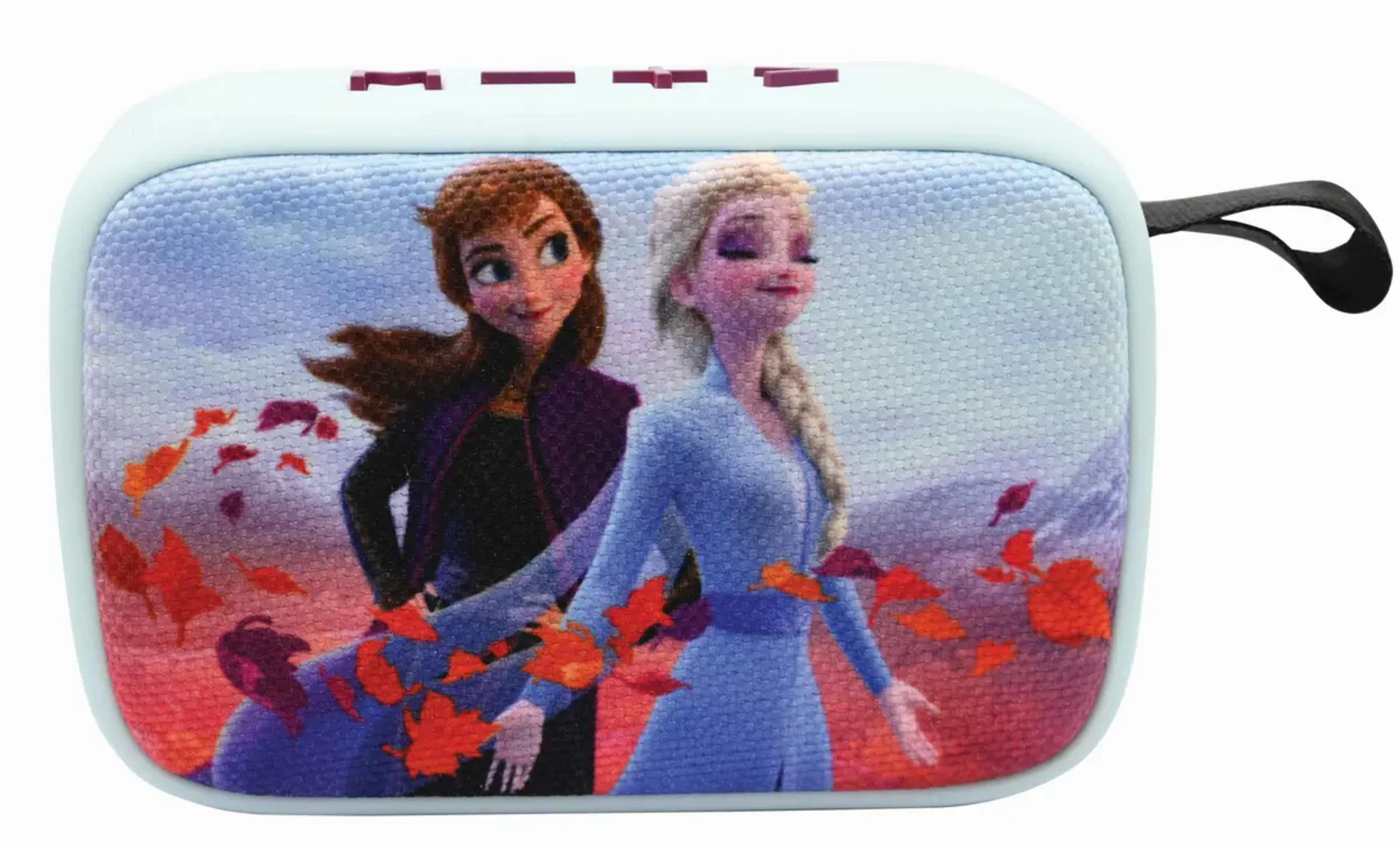Un altoparlante azzurro con Anna ed Elsa di Frozen, con foglie che cadono.