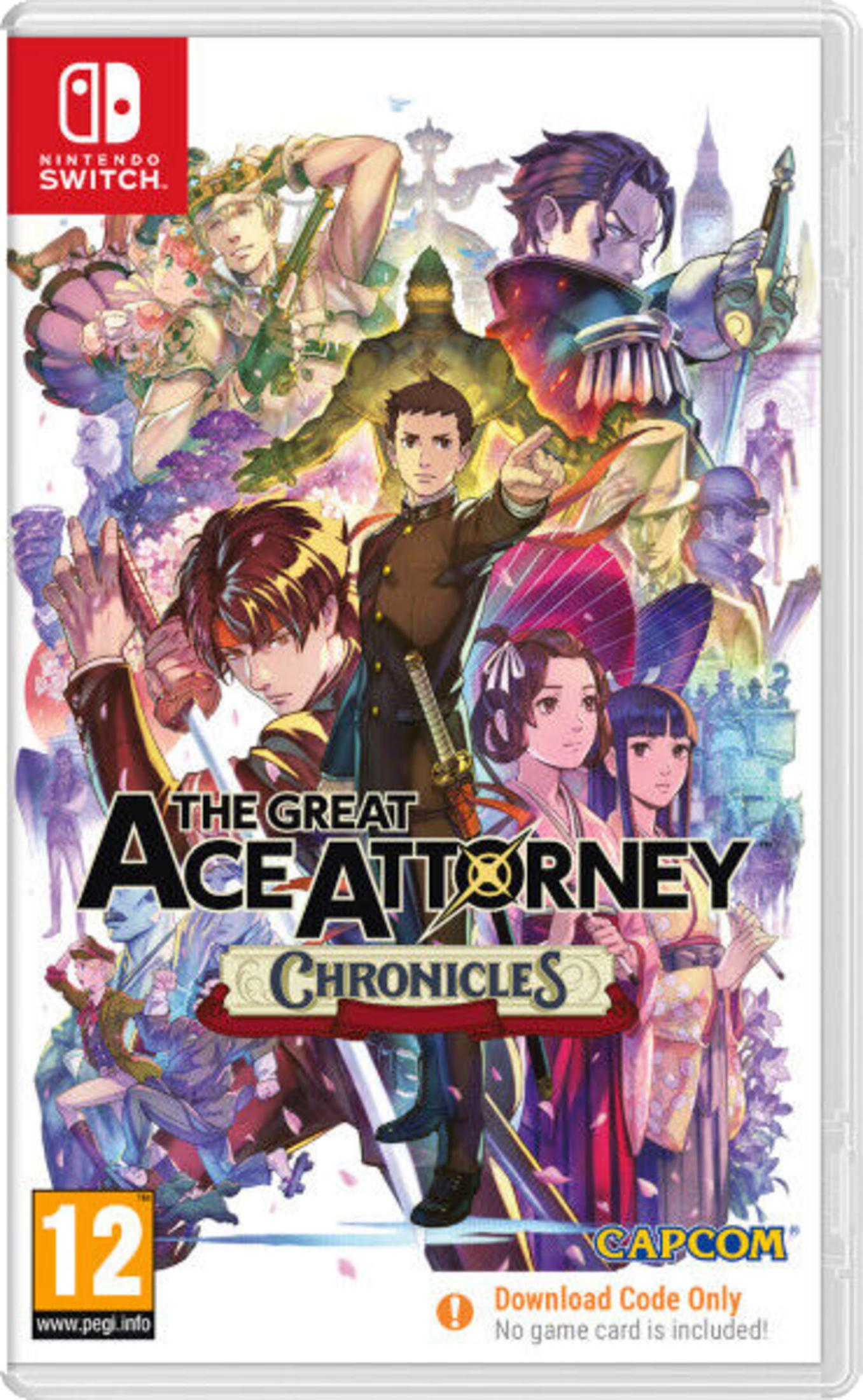 Okładka gry Nintendo Switch z postaciami anime i tytułem 'The Great Ace Attorney Chronicles'.