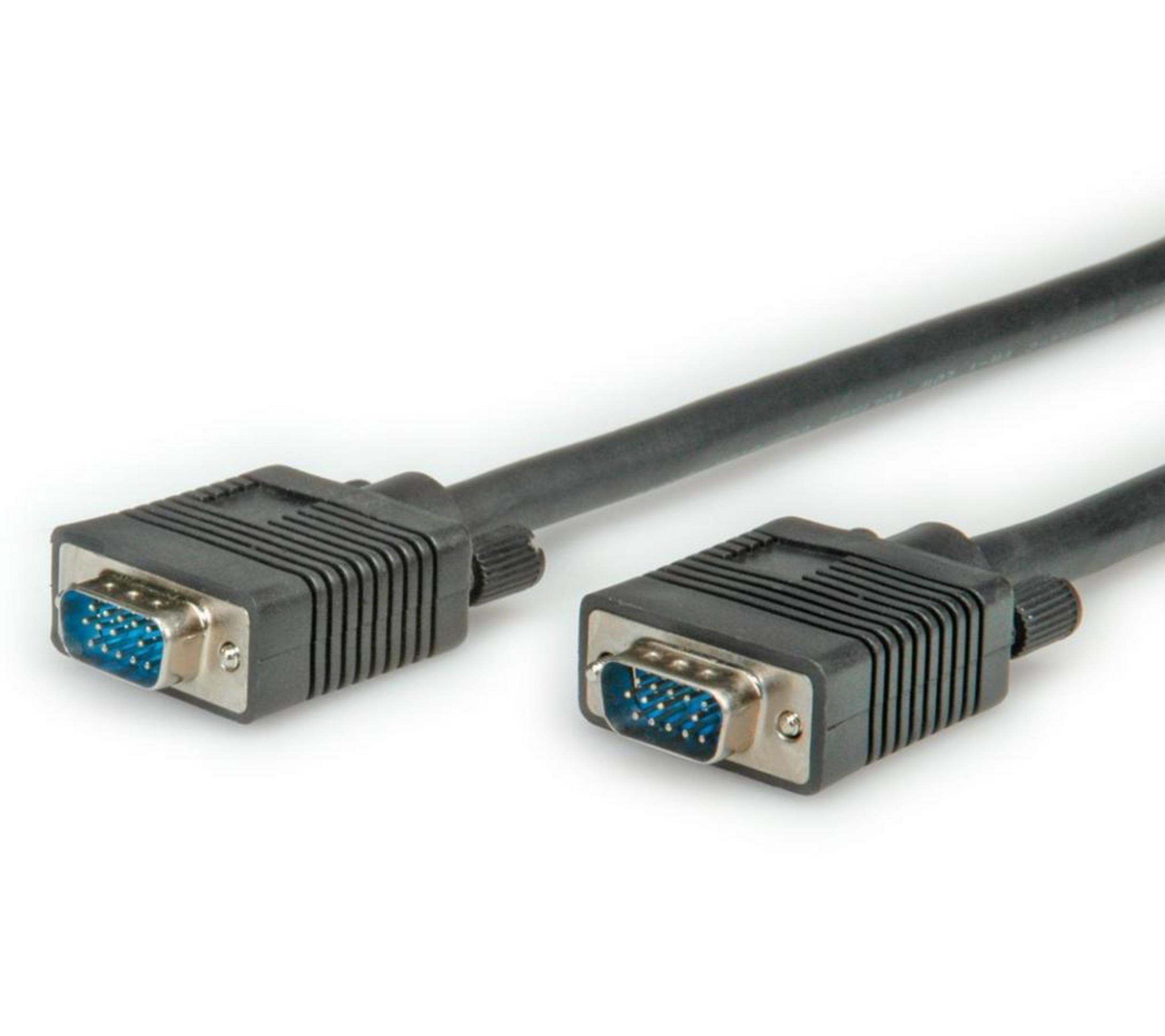 Zwei schwarze VGA-Kabel mit blauen Anschlüssen auf weißem Hintergrund.