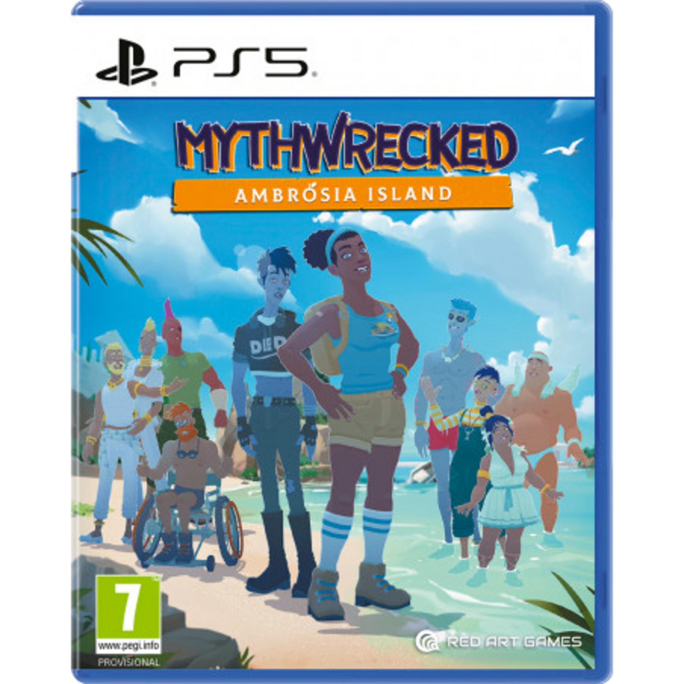 Copertina gioco PS5: Personaggi diversi su spiaggia, titolo 'Mythwrecked Ambrosia Island'.