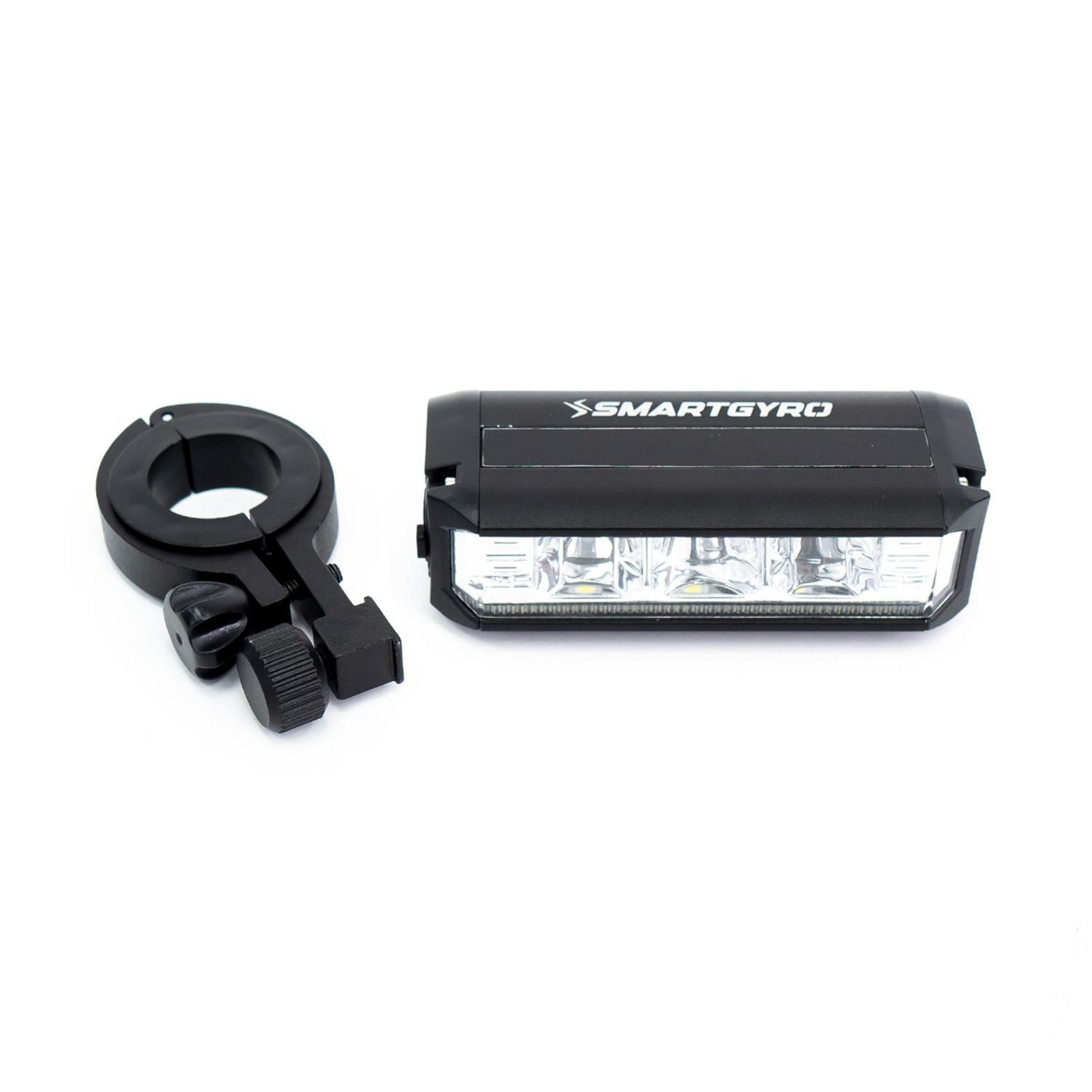 Soporte negro y barra de luz LED con logo SMARTGYRO sobre fondo blanco.
