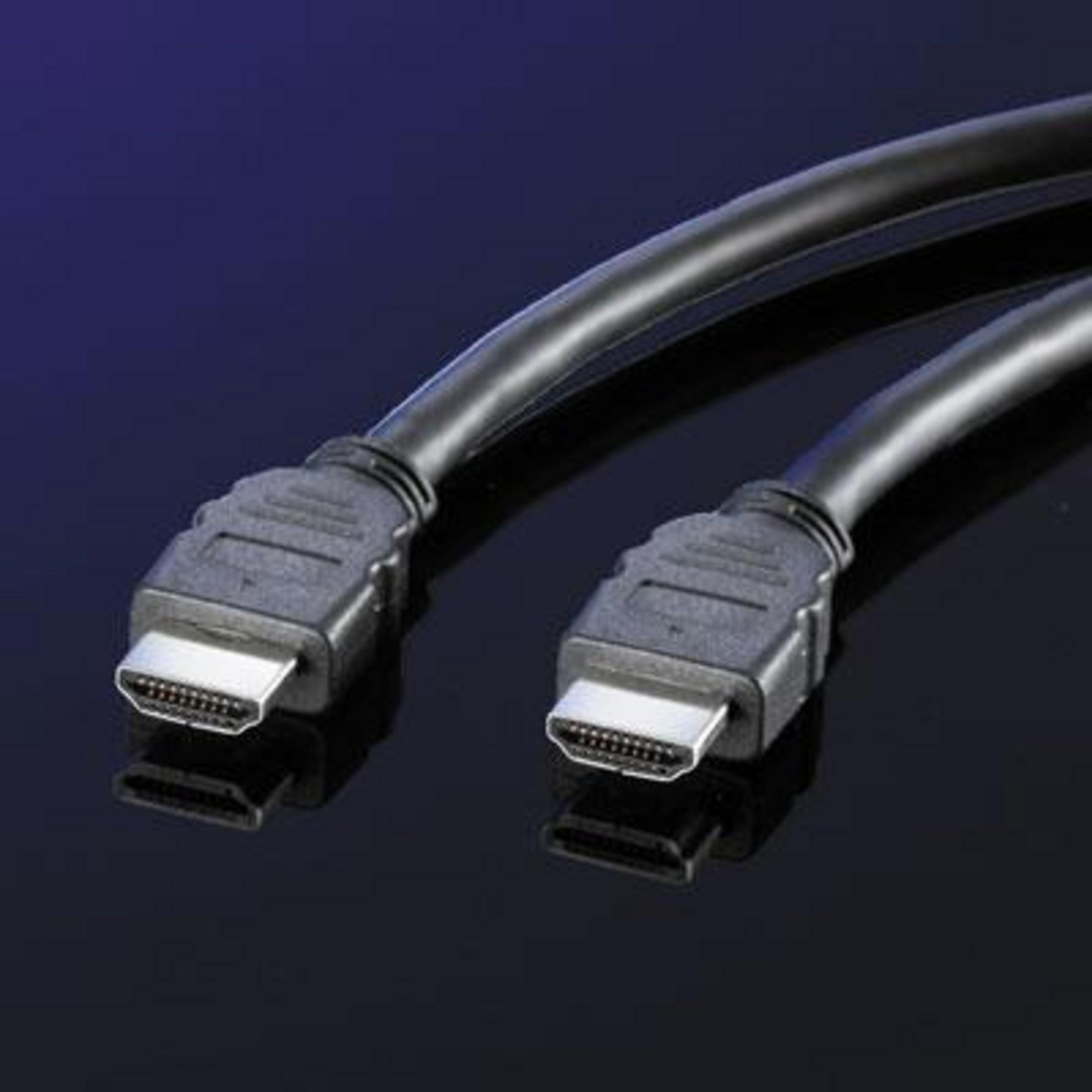 Two black HDMI cables with their connectors lie on a dark, reflective surface.