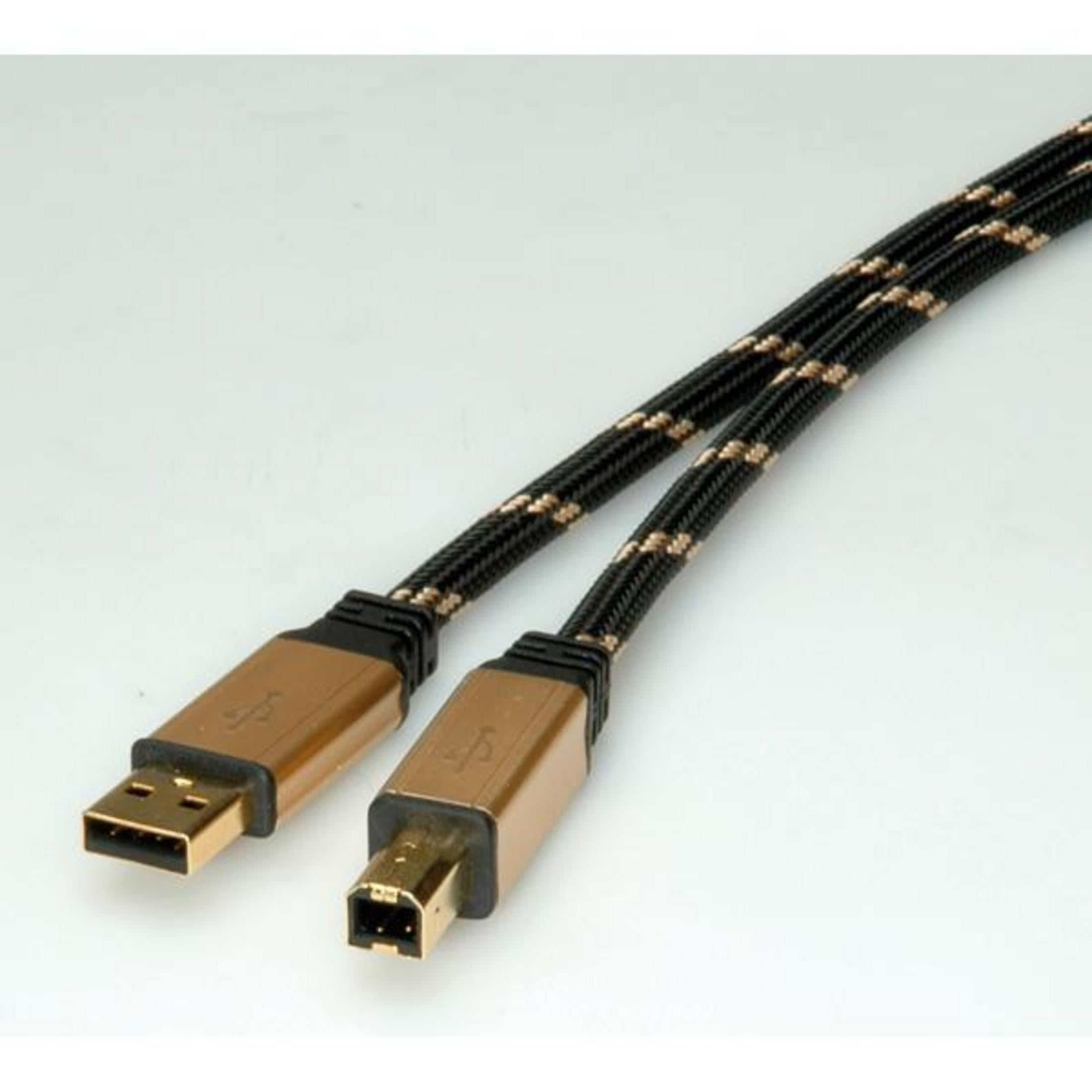 Een zwart met goud gevlochten USB-kabel met gouden connectoren, een USB-A en een FireWire.