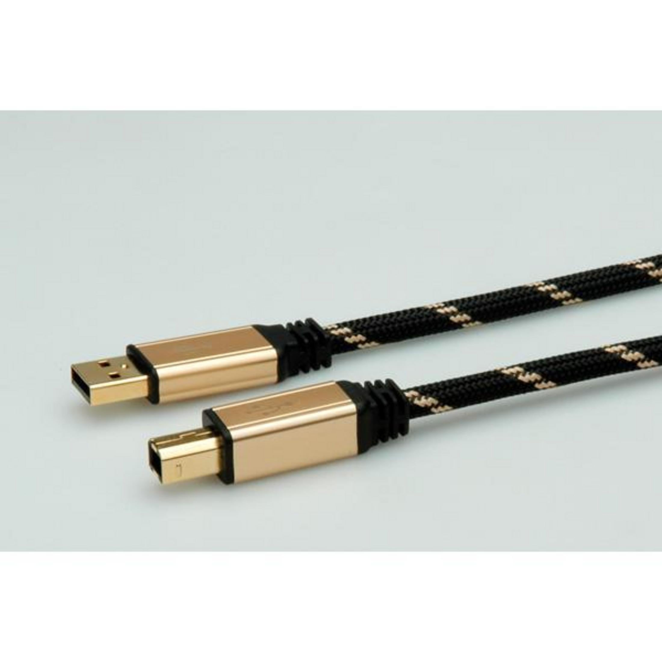 Twee gouden USB-kabels met een zwart en beige patroon liggen naast elkaar.