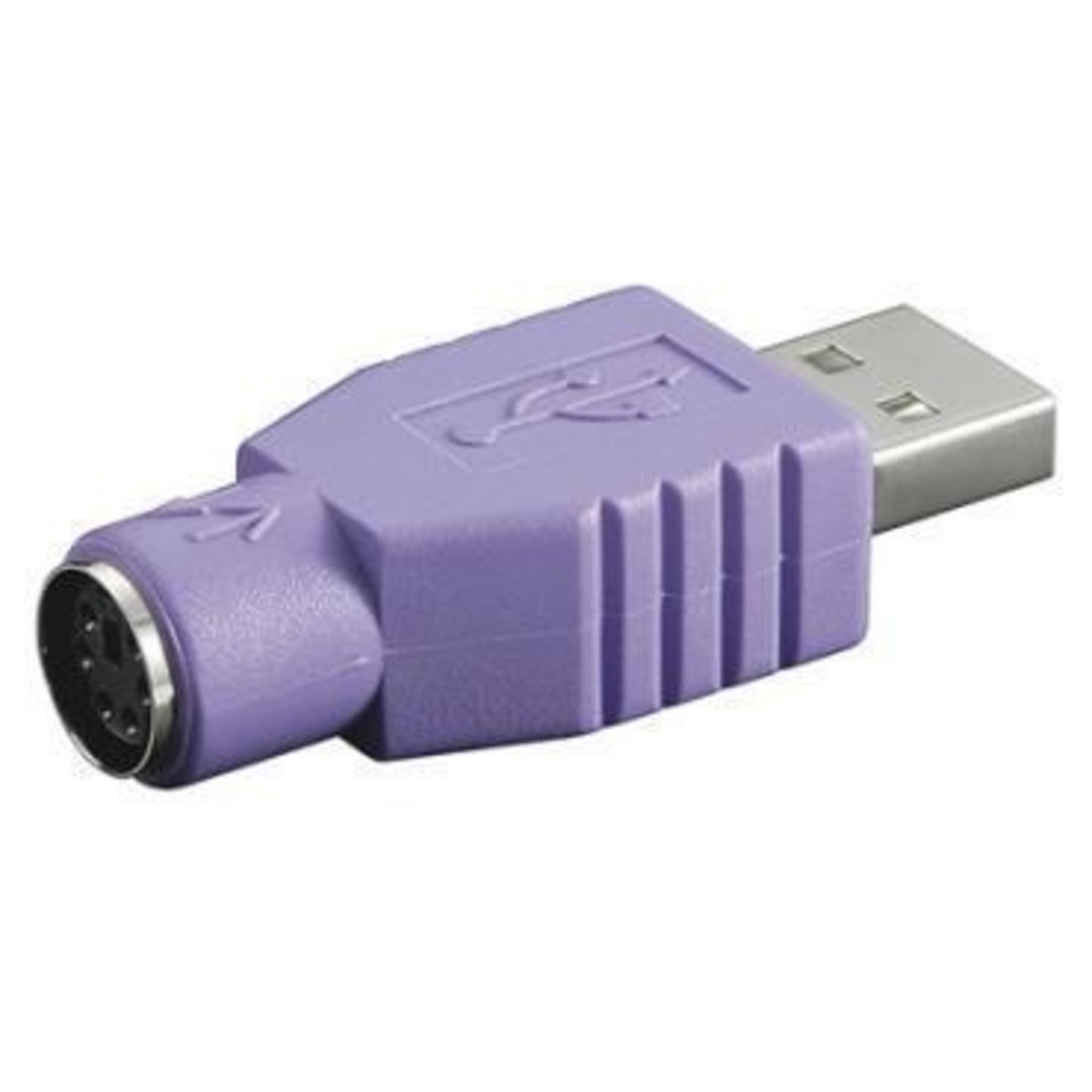 Adattatore USB a PS/2 viola con simbolo USB.