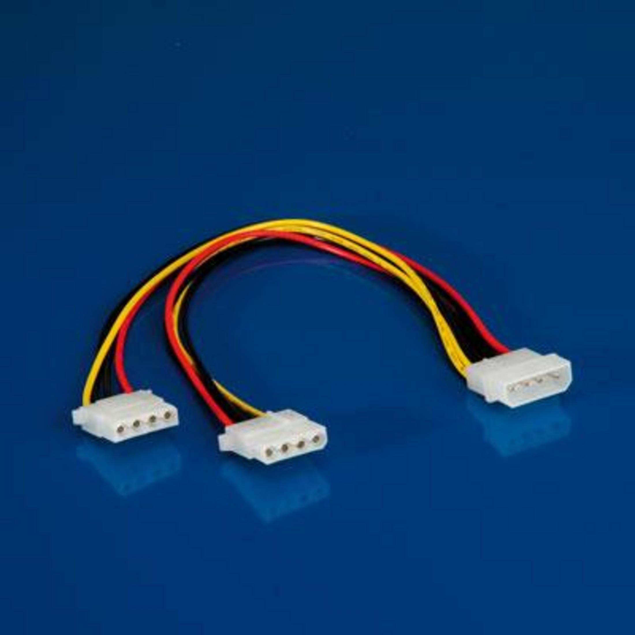 A white 1-to-2 adapter with three cables: black, red, and yellow.