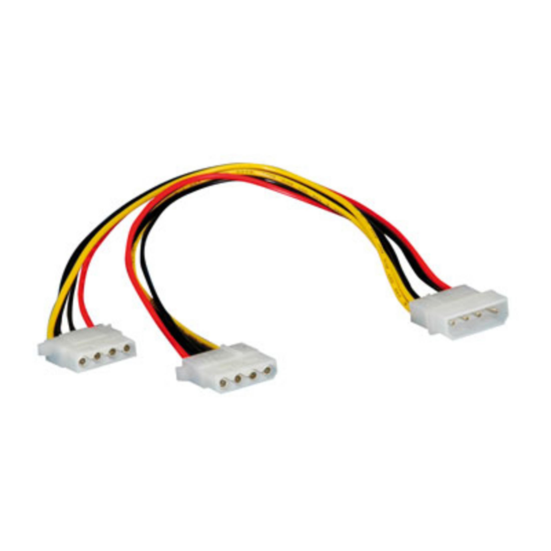 An adapter cable with three connectors and black, red, and yellow wires.