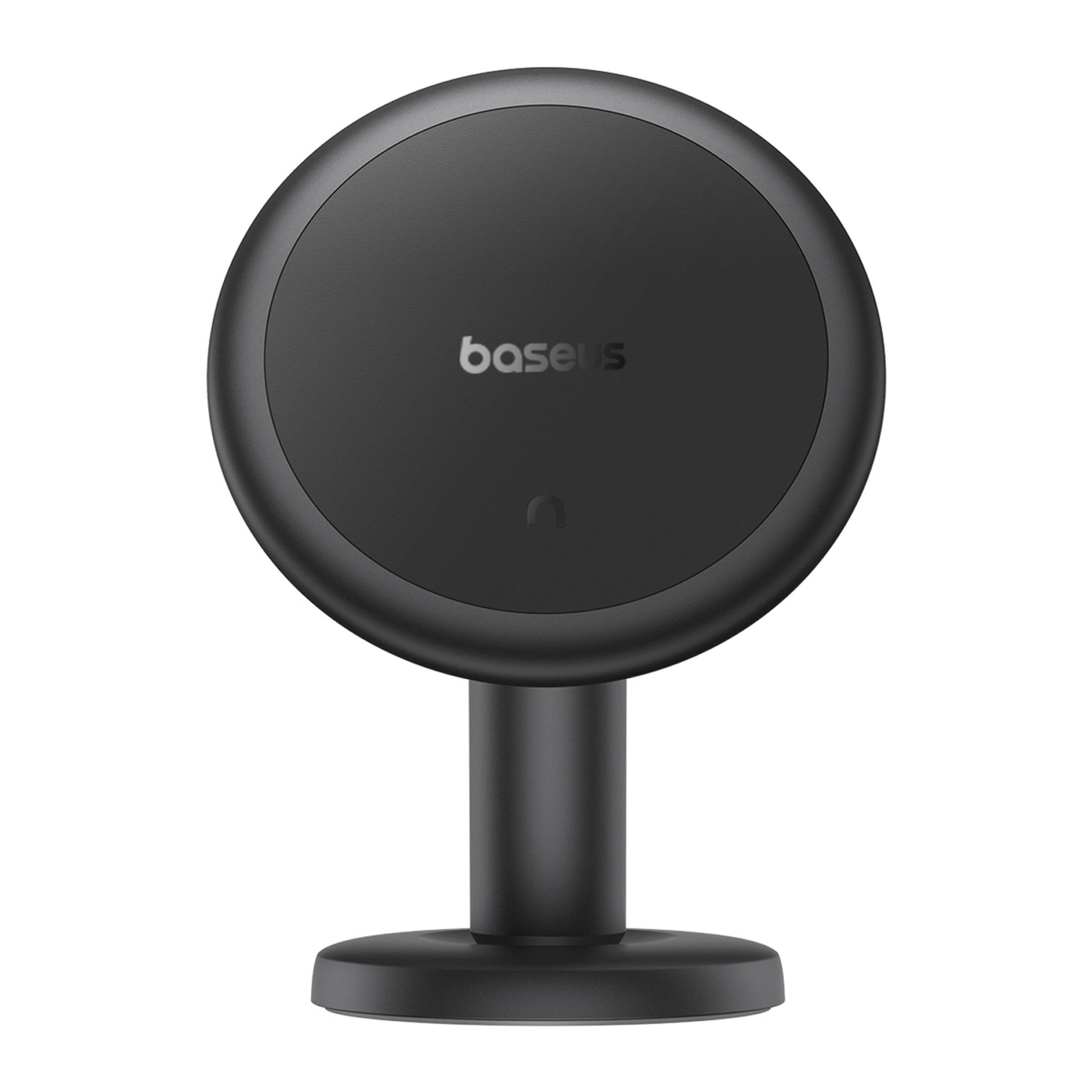 Un supporto di ricarica nero e rotondo con logo 'baseus'.