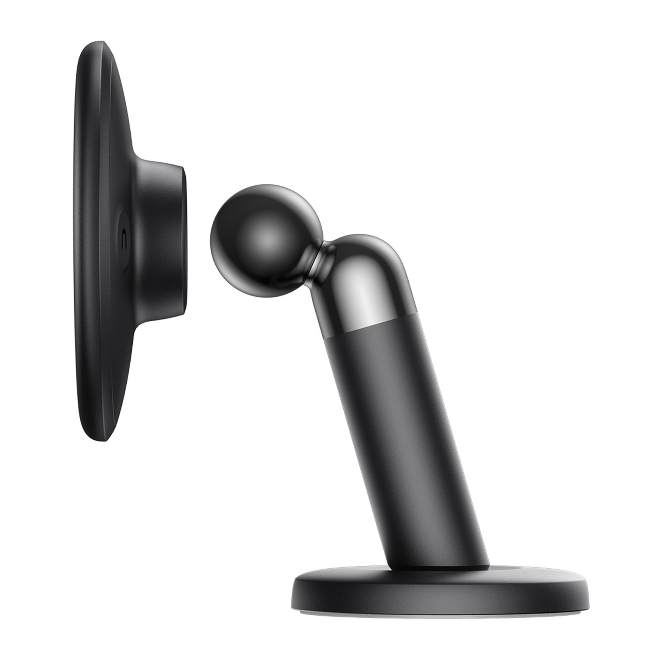 Supporto magnetico nero per telefono con braccio flessibile e base rotonda.