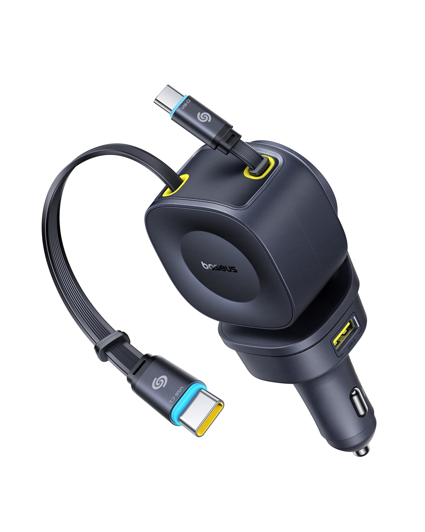 Un cargador de coche Baseus negro con dos cables USB-C y un puerto USB-A.
