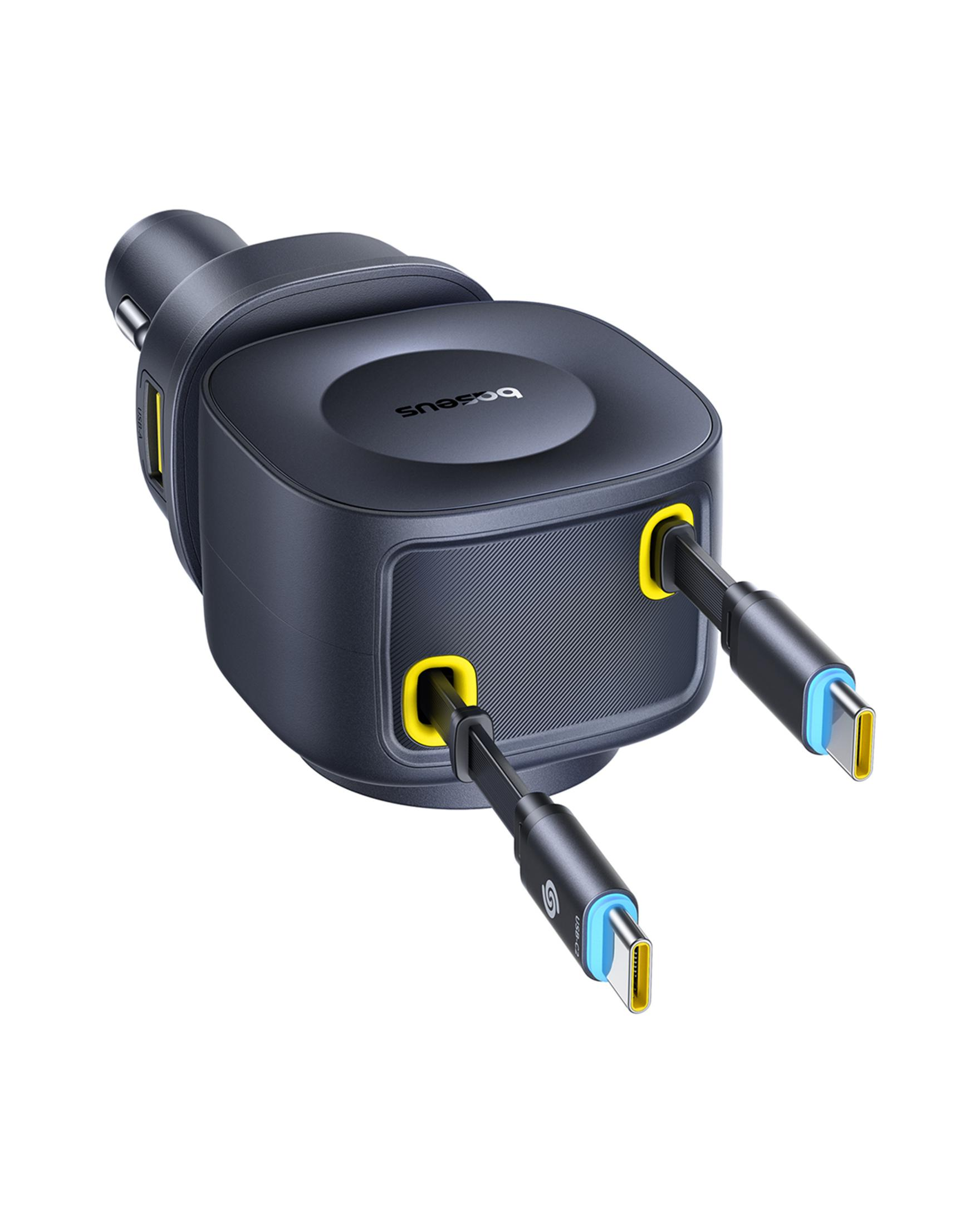 Adaptador de cargador de coche negro con cables USB-C retráctiles.