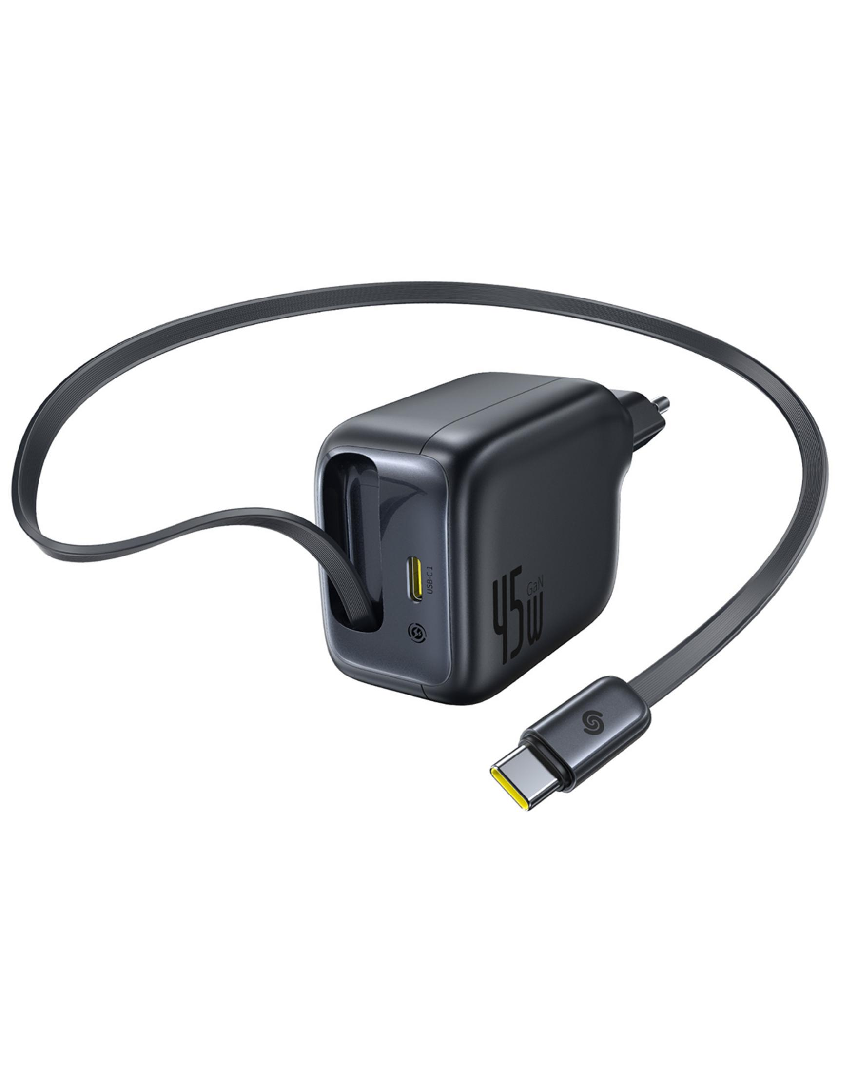 Caricatore GaN USB-C nero da 45W con cavo e connettore USB-C.