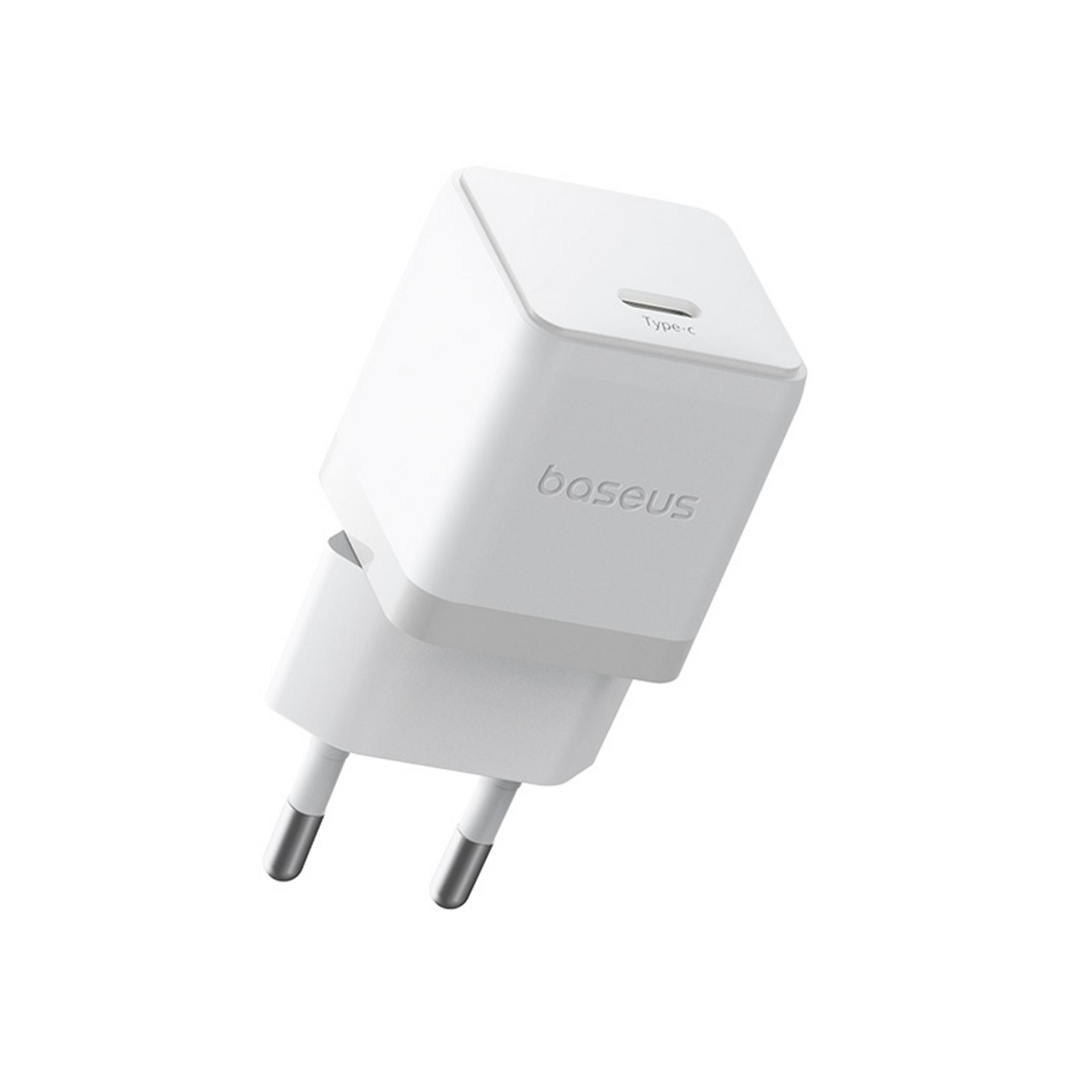 Un caricatore Baseus USB-C bianco con due pin metallici.