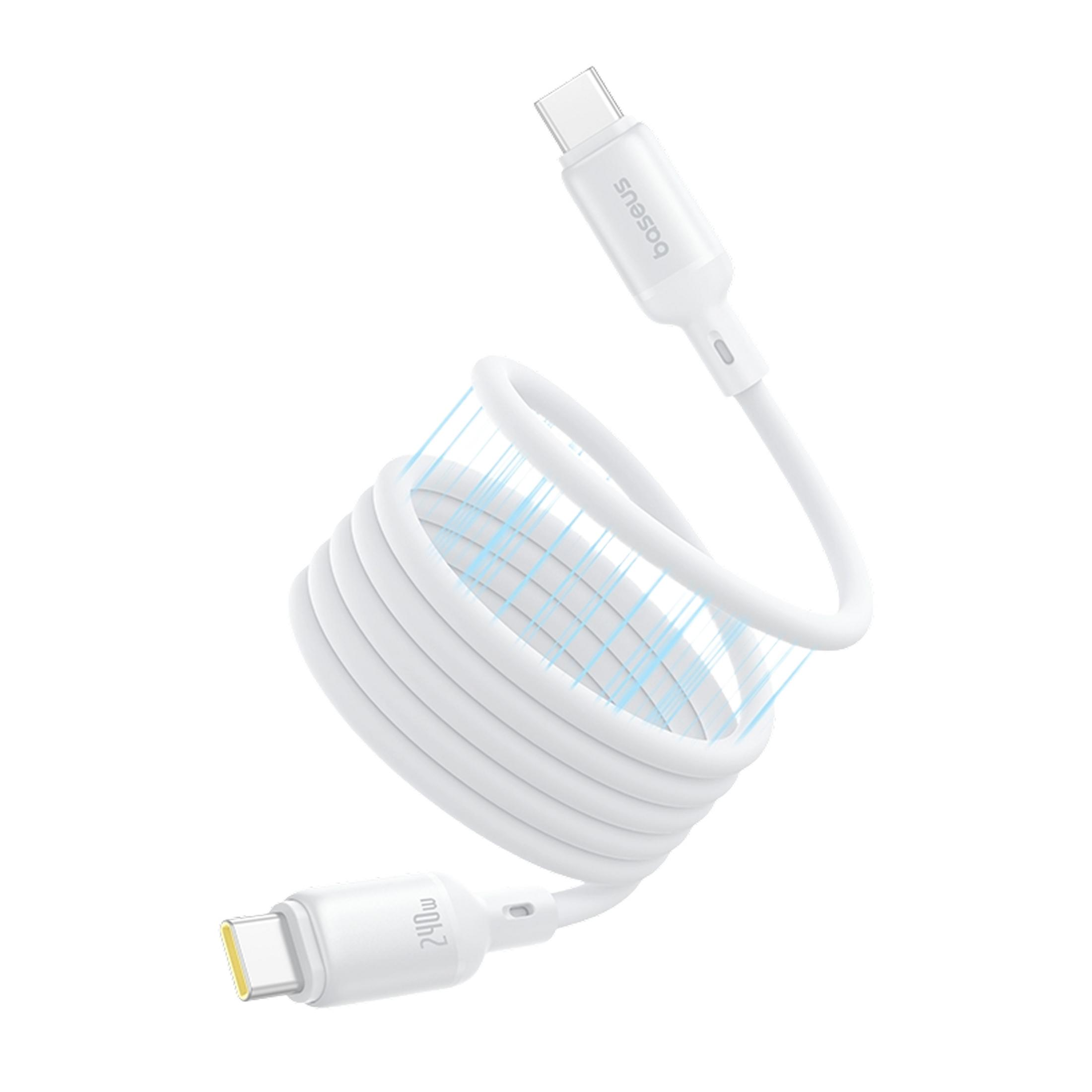 Un cavo USB-C bianco con due connettori, avvolto con linee blu.