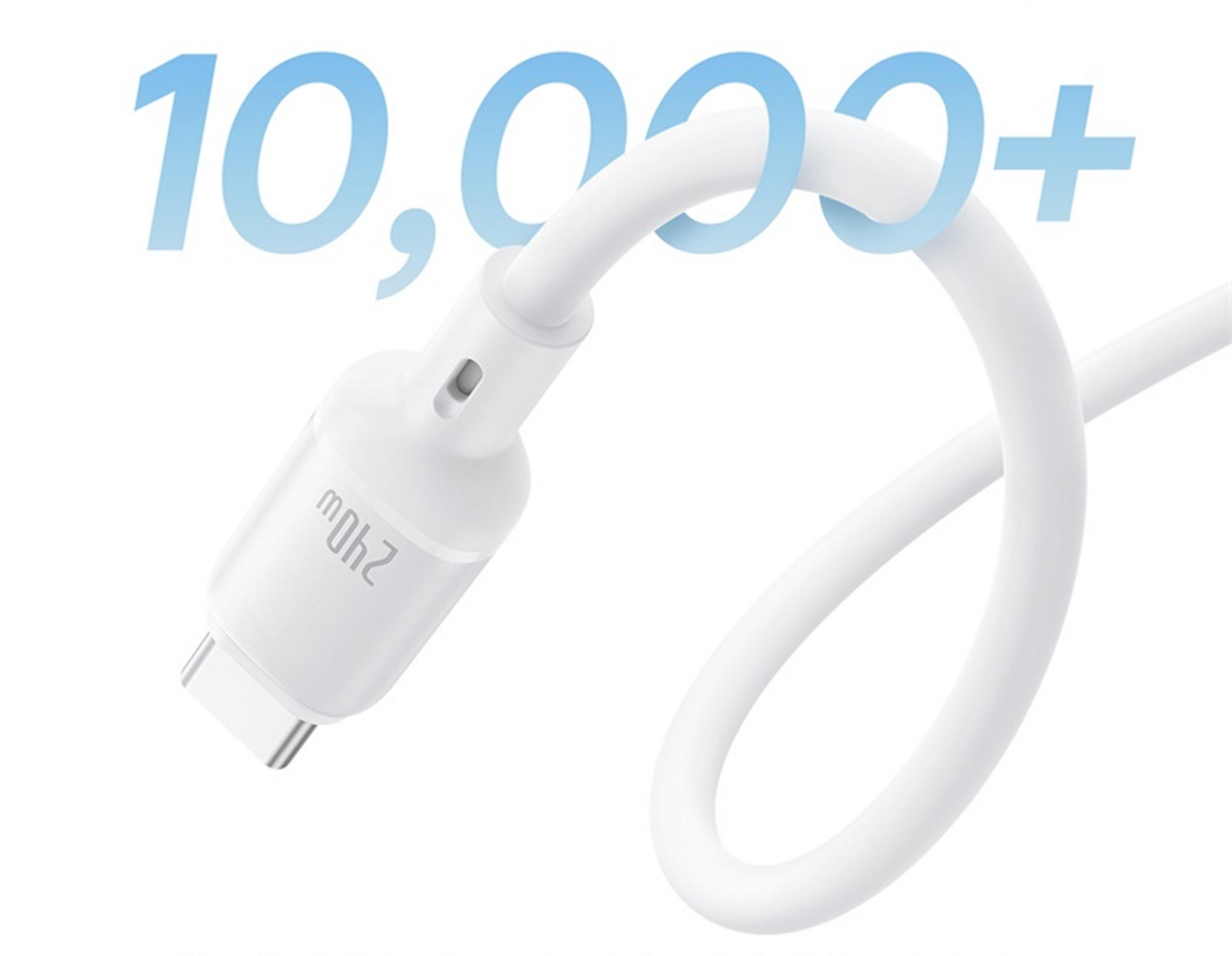 Cavo USB-C bianco da 240W con scritta "10.000+".