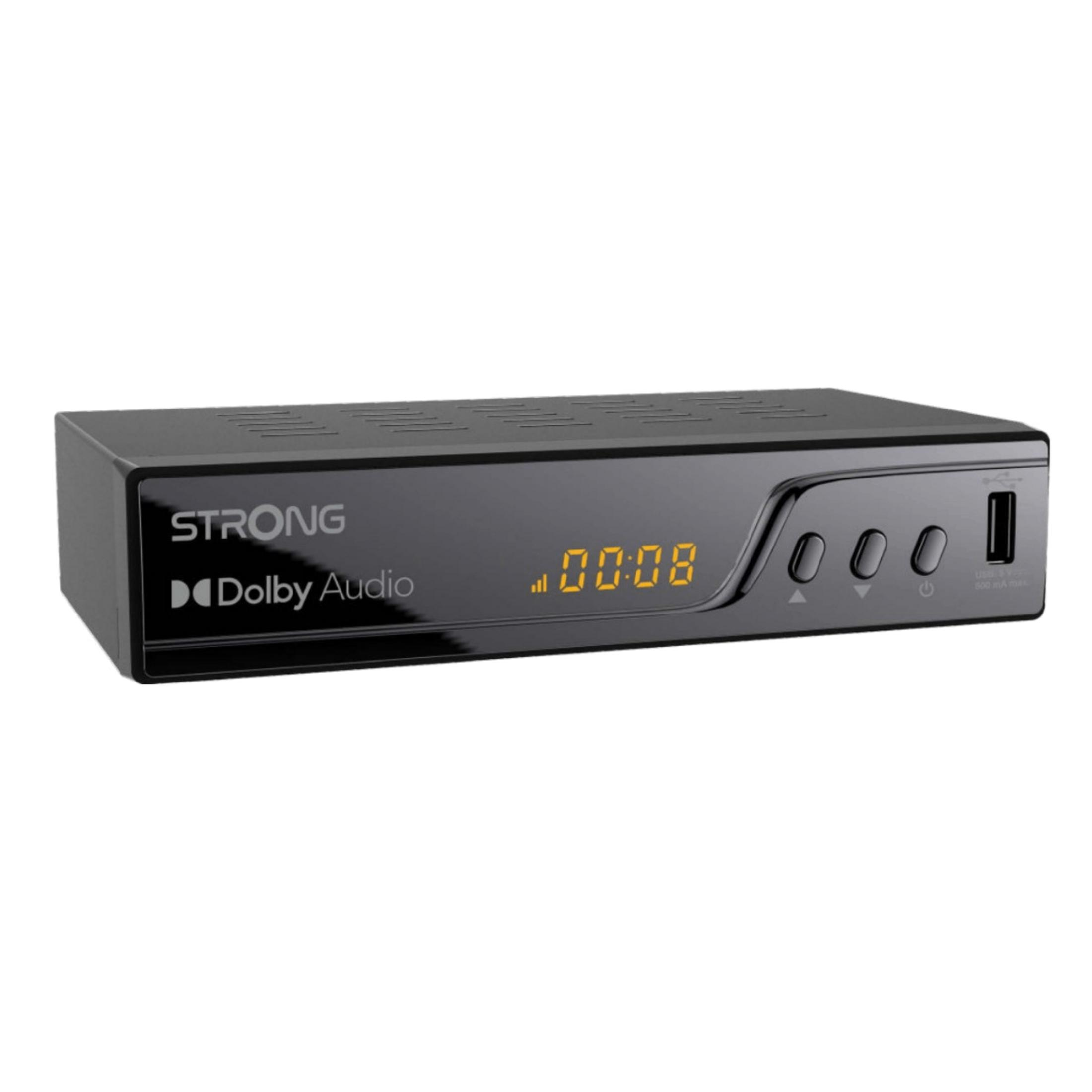 Receptor negro con logos "STRONG" y "Dolby Audio", muestra "00:08".