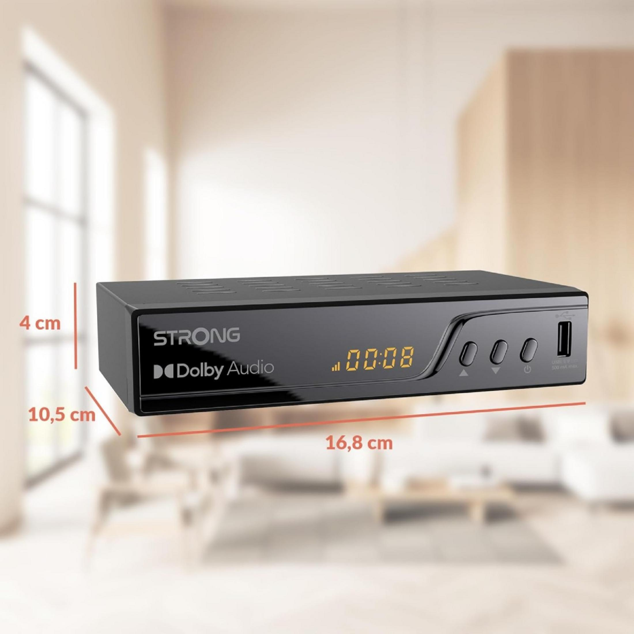 Un receptor negro con Dolby Audio y pantalla digital.
