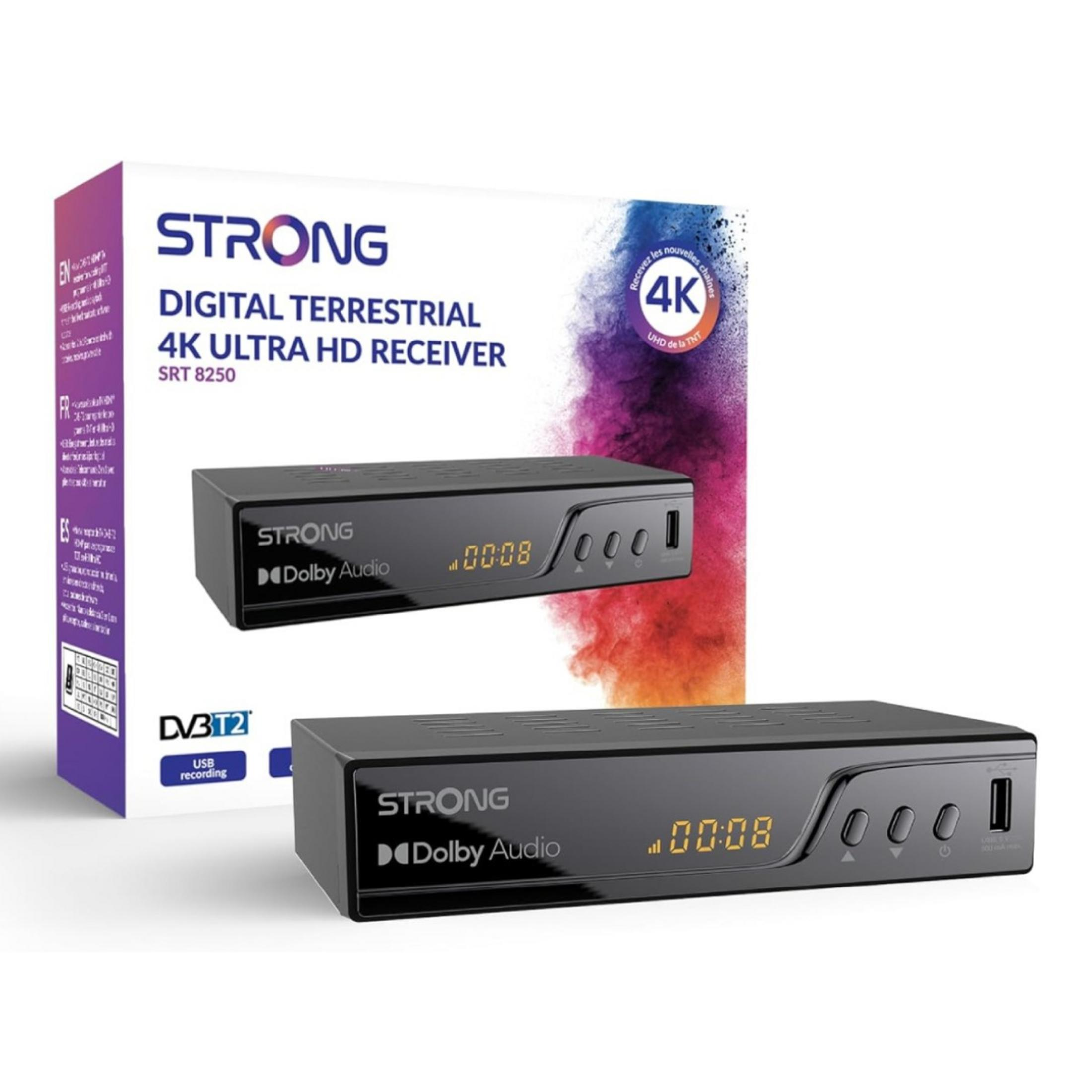 Un receptor digital negro con STRONG, 4K, Dolby Audio y muestra 00:08.
