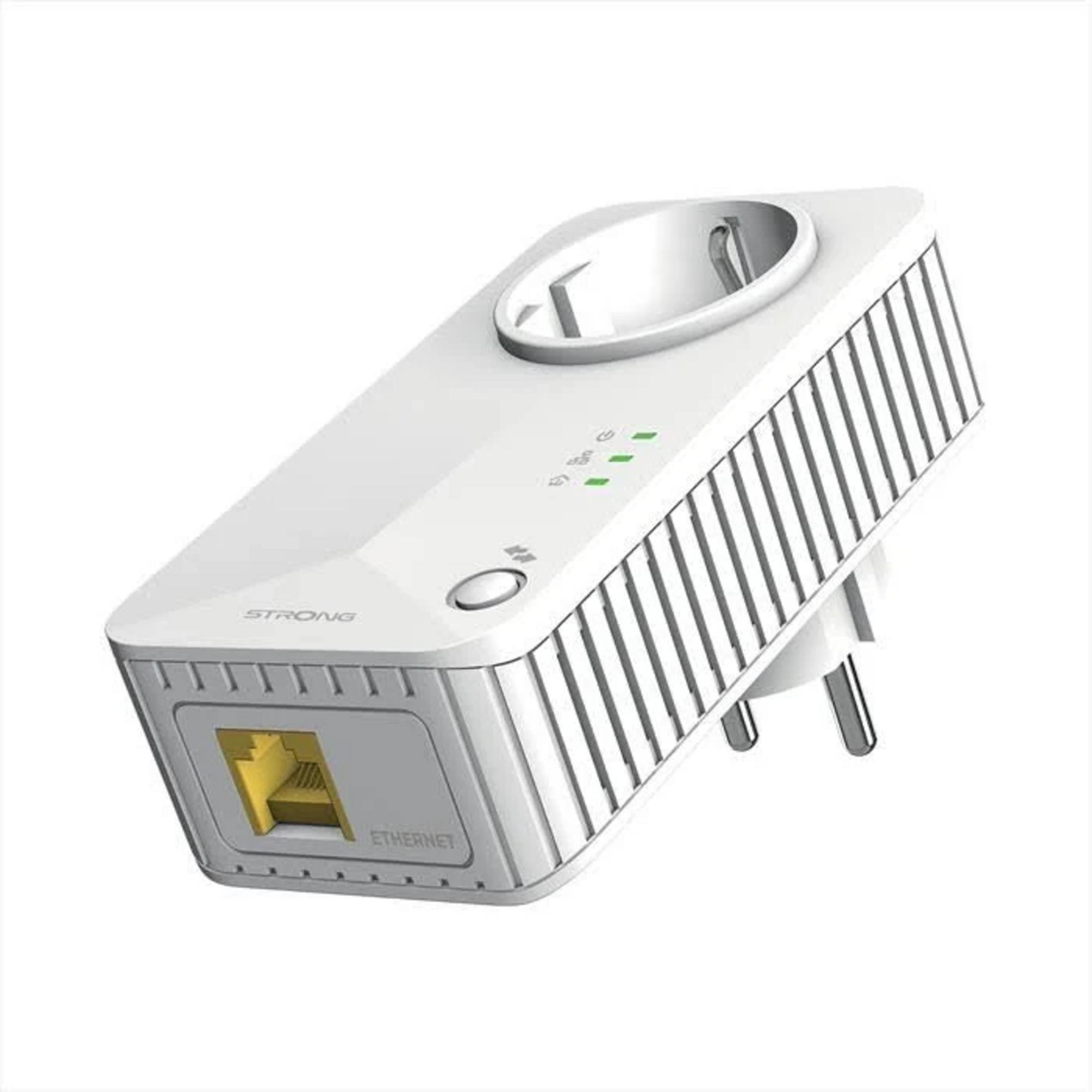 Biały wzmacniacz Wi-Fi z portem Ethernet i wtyczką.